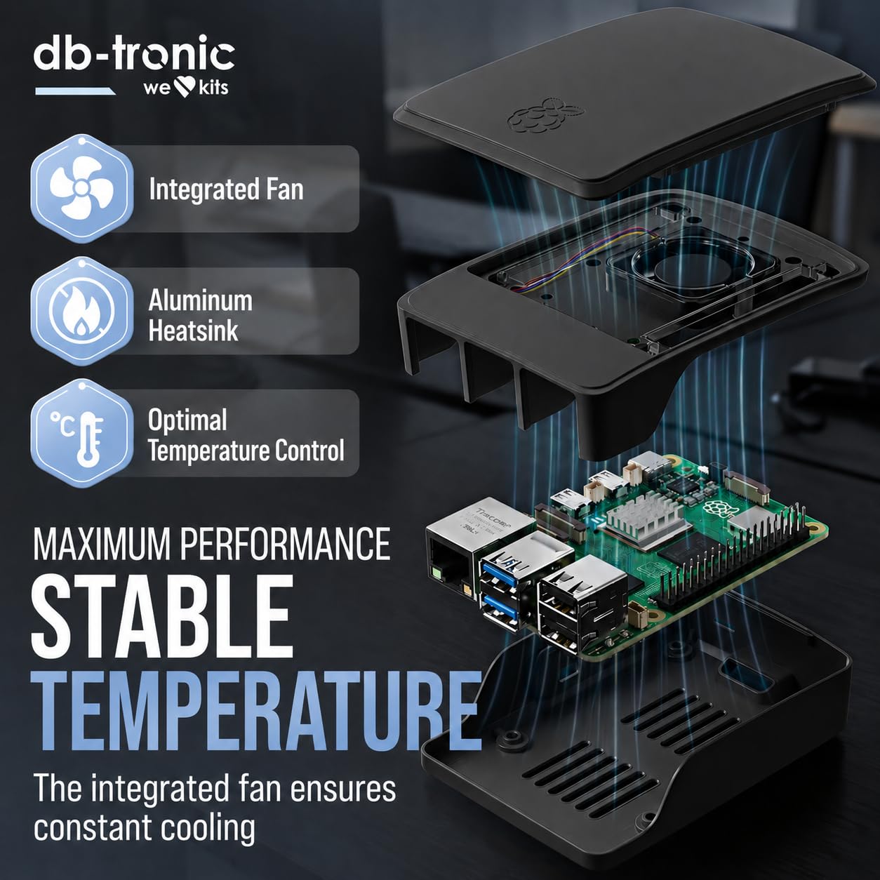 db-tronic Raspberry Pi 5 8 GB Starter Kit | Czarna edycja 64 GB | Zasilacz 27 W | Obudowa z wentylatorem | Micro HDMI 4K | idealny do Home Assistant i smart home