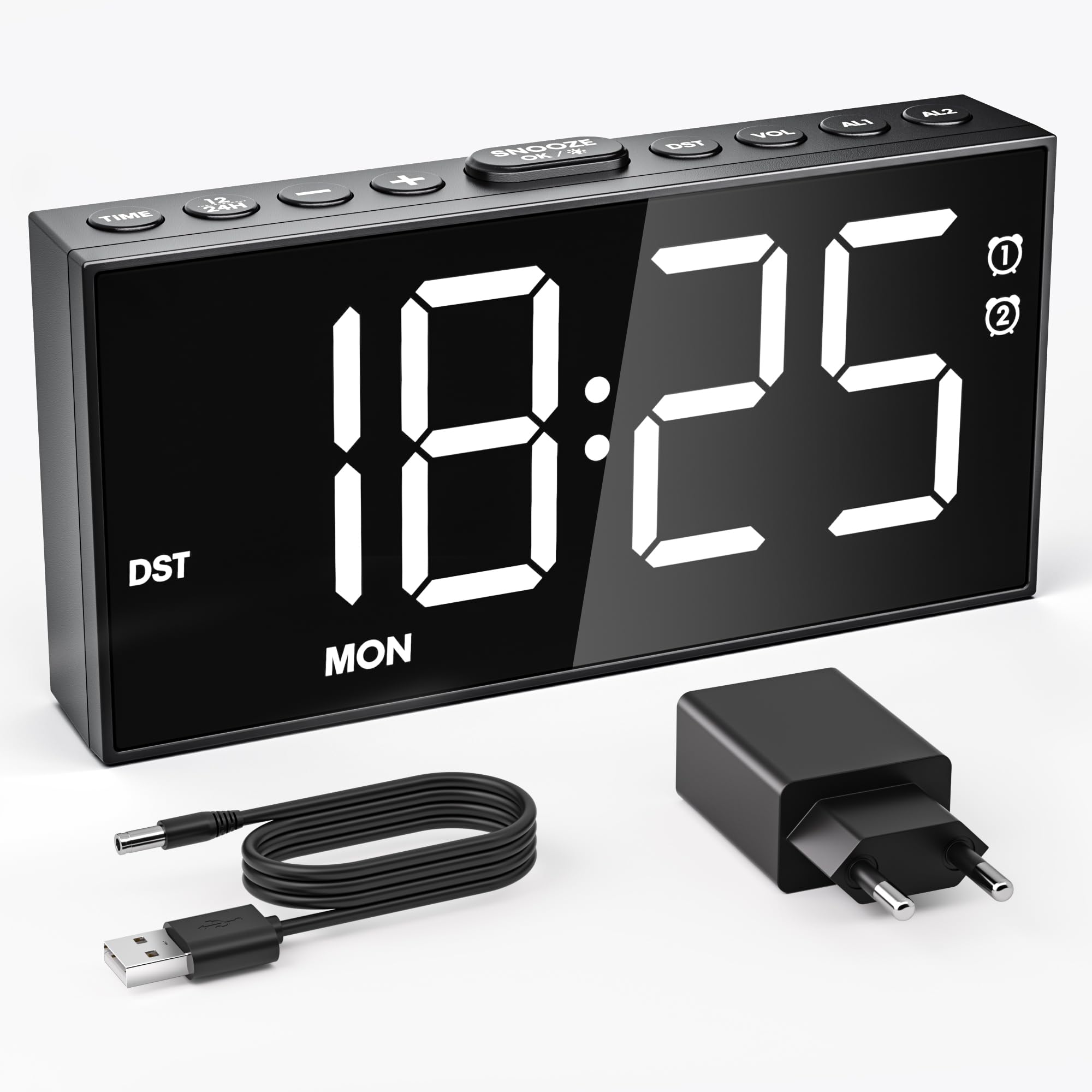 Wecker Mit Steckdosenleiste & USB-Ladung – Digitaluhr, Dual-Alarm, Schlummerfunktion, 3 AC-Anschlüsse, Für Nachttisch & Büro