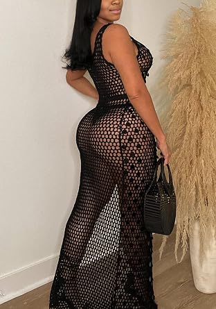 Ecirod Womens Sequin Crochet Maxi Tank Dress Summer Beach Cover Ups Sexy Cut Out Slit Sleeveless Dresses