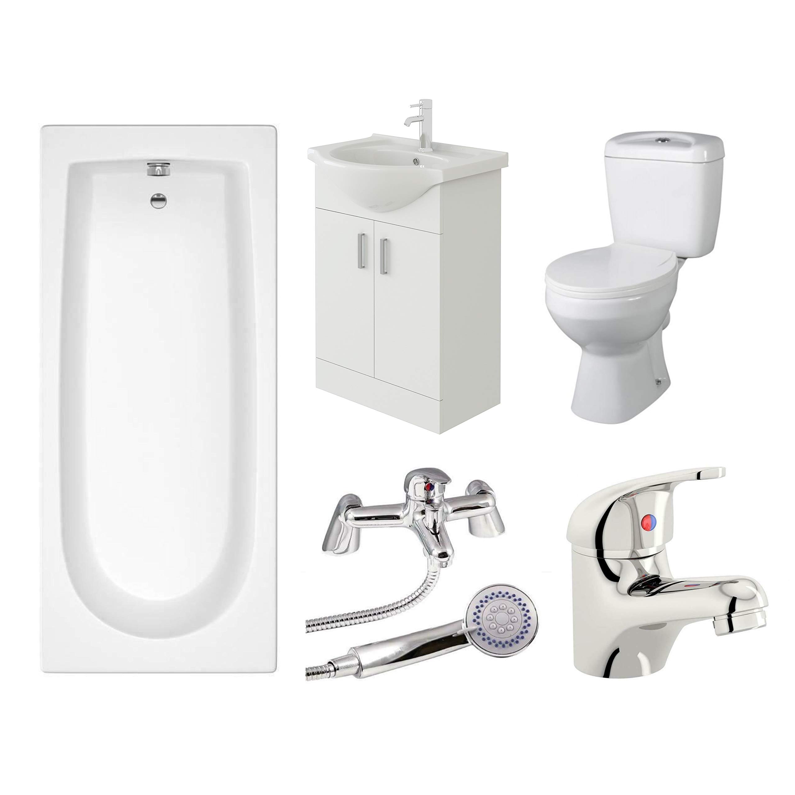 VeeBath Rosina High Gloss White Curve Single Ended 1600mm Modern Bath Toilet Basin Sink Vanity Tap Waste Bathroom Suite