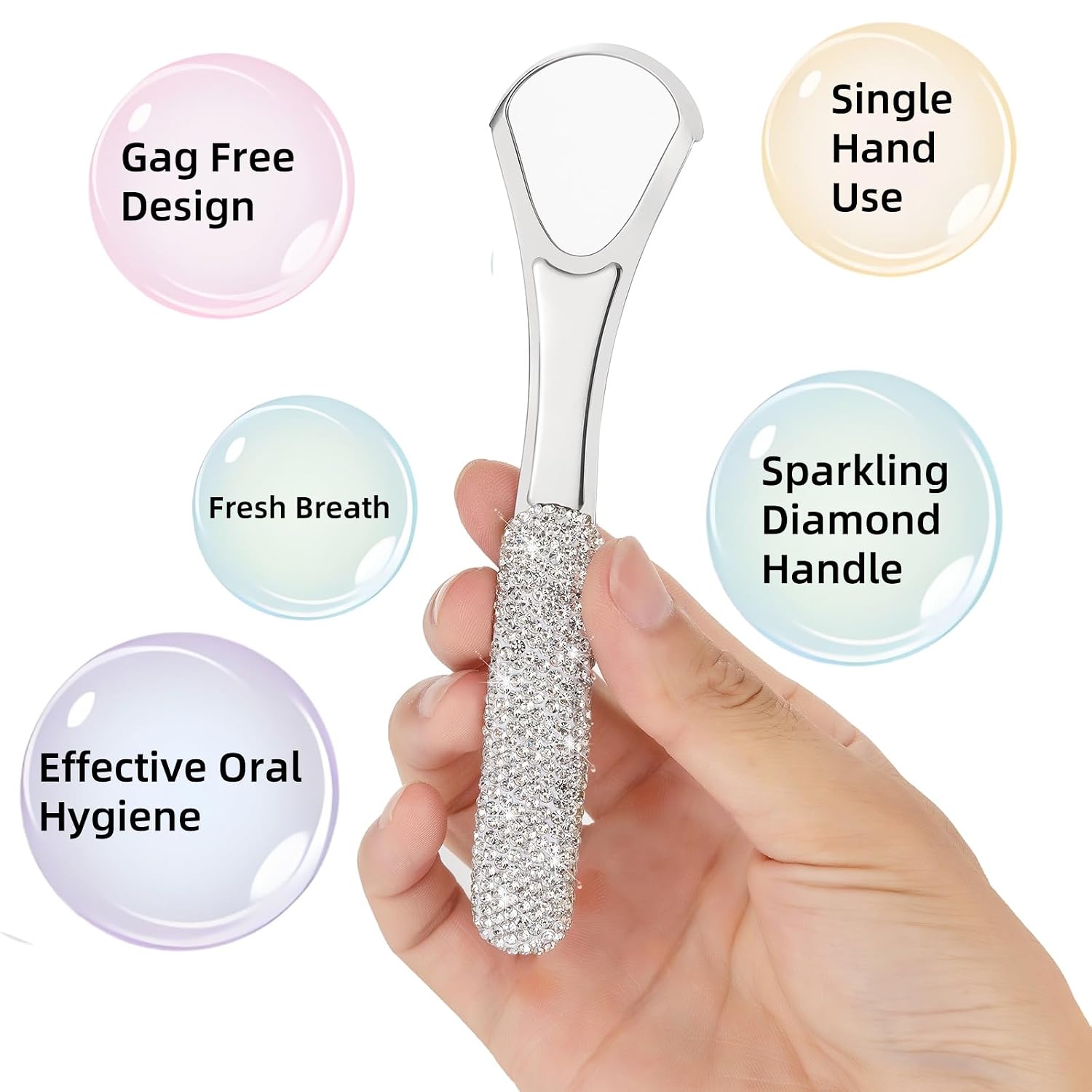 Tongue Scraper Bling Metal Tongue Cleaner for Adults & Kids Diamond Stainless Steel Tongue Scrubber for Oral Care & Hygiene(White)