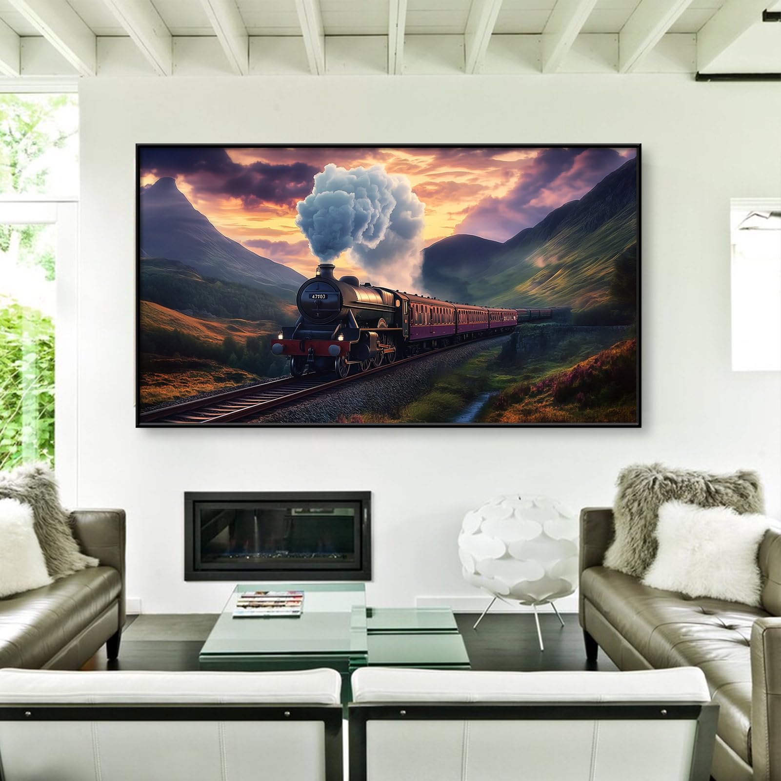 Steam Train Canvas Wall Art, Mountains Landscape Canvas Wall Art, Train Wall Decor, Steam Locomotive Train Picture, Nature Pictures Wall Decor, Wall