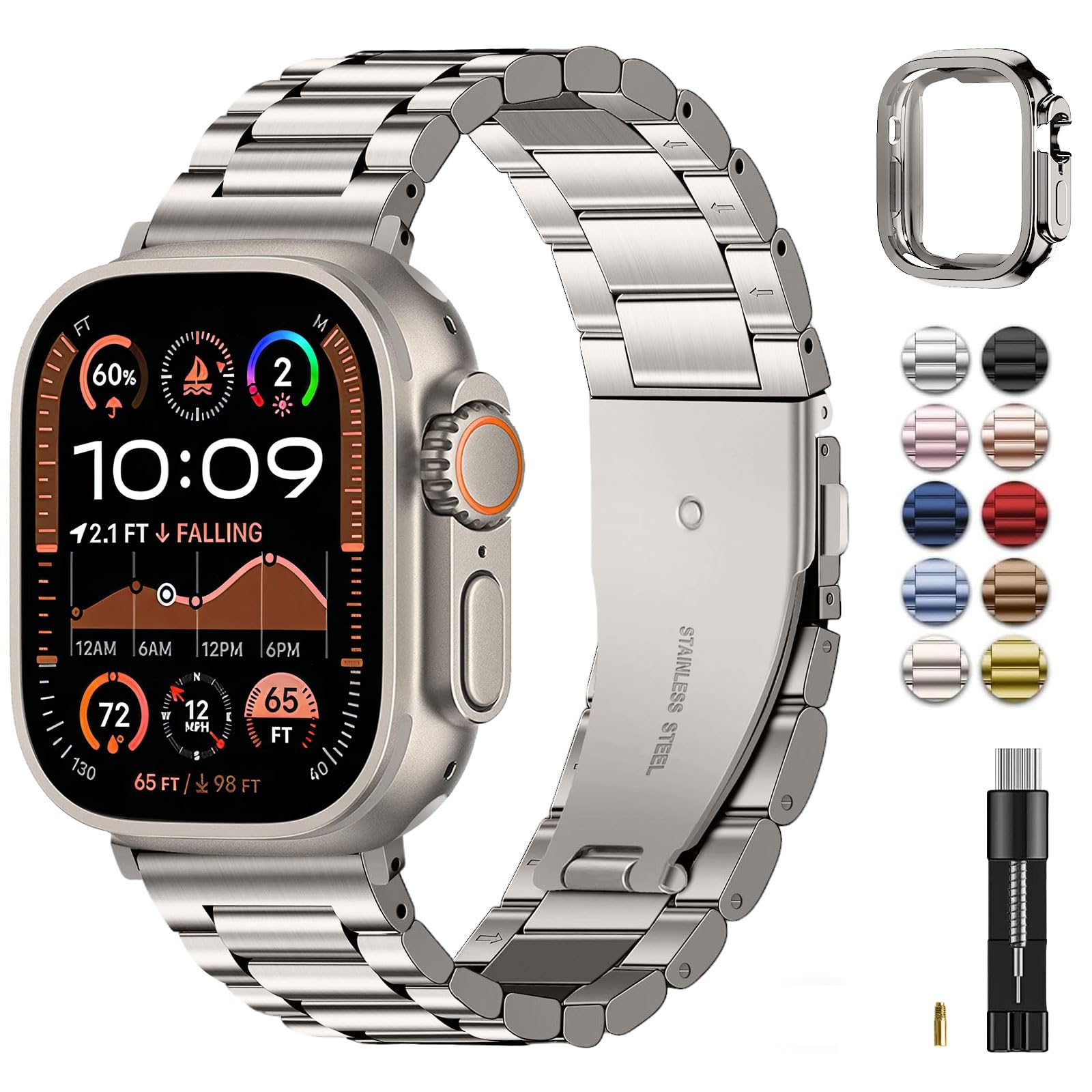 Fullmosa Compatible with Apple Watch Straps 44mm 46mm 45mm 49mm 42mm 41mm 40mm 38mm, Metal Stainless Steel Replacement Bands for iWatch Ultra SE 3 2 1 Series 11 10 9 8 7 6 5 4, Black & Protective Case — view 20