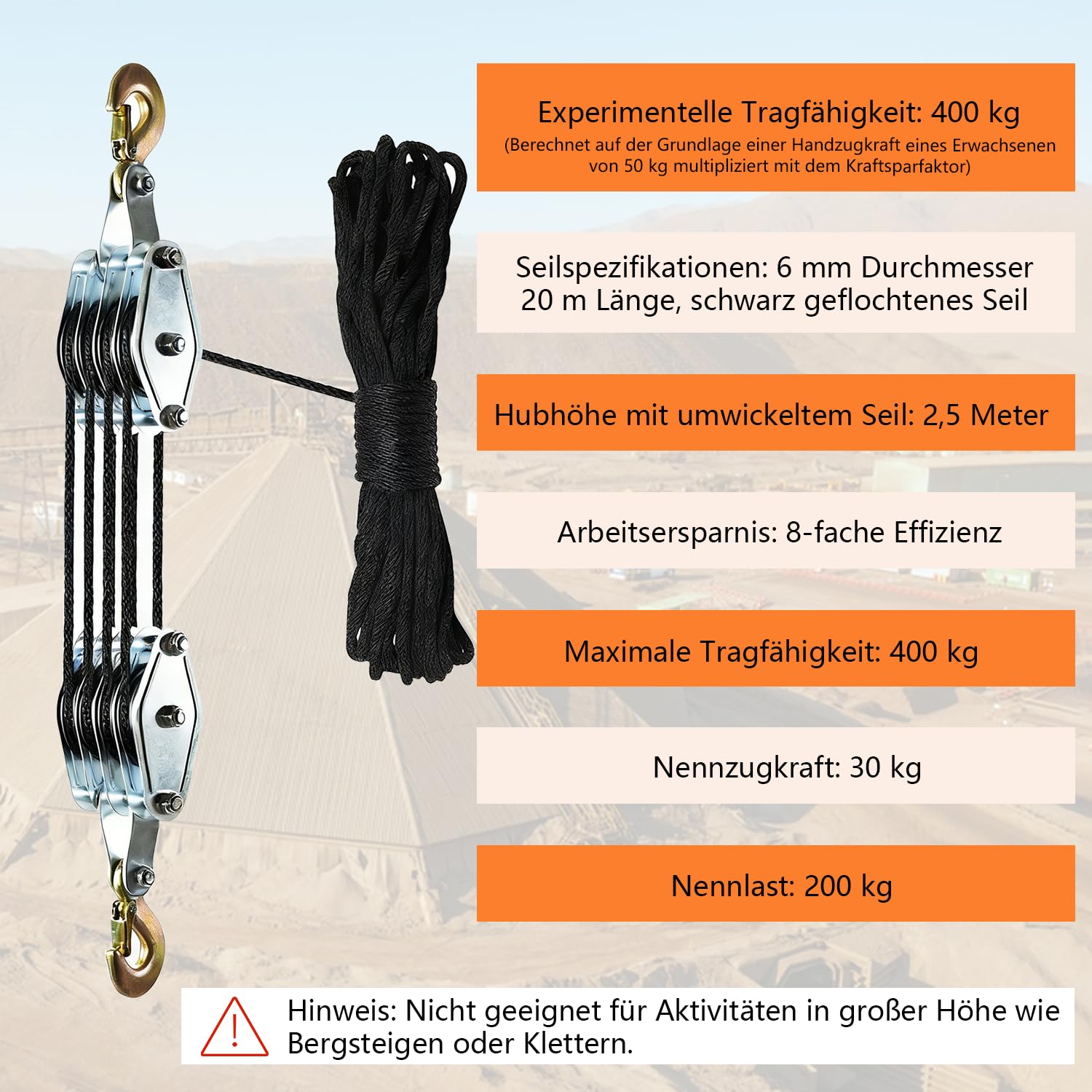Hochleistungs-Flaschenzug mit einer maximalen Tragkraft von 2000 kg. Manueller Flaschenzug mit einem Übersetzungsverhältnis von 8:1, ausgestattet mit einem 20 Meter langen Nylonseil