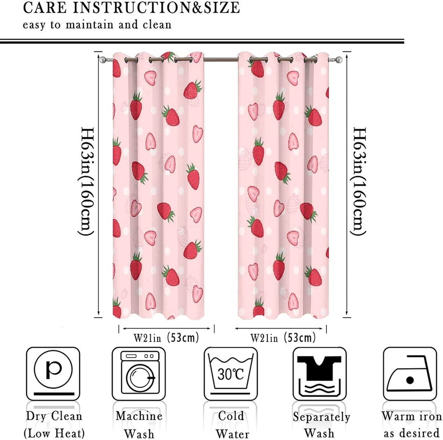 Pink Red Strawberry Curtains for Bedroom - Girls Cartoon Cute Fruit Strawberry Print Window Drapes,Energy Saving Blackout Grommet Curtains 2 Panels 63L x 21W