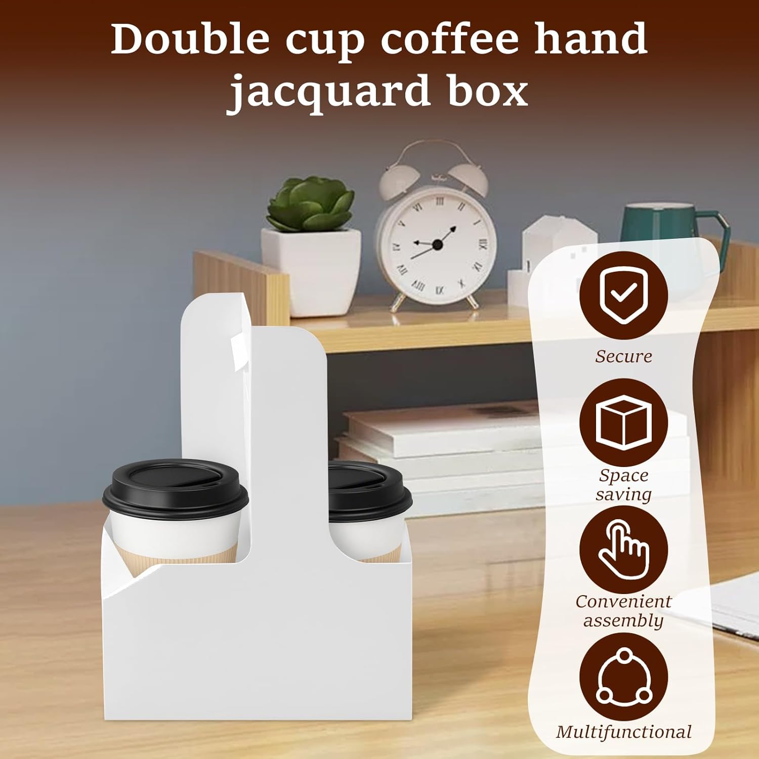 50Pcs 2 Cup Drink Carrier with Handle, White Cardboard Coffee Cup Holder, 12-20 oz, Easy Assembly Beverage Carrier for Hot and Cool Drinks, Takeout, Cafe, Restaurant Food Takeaway Service