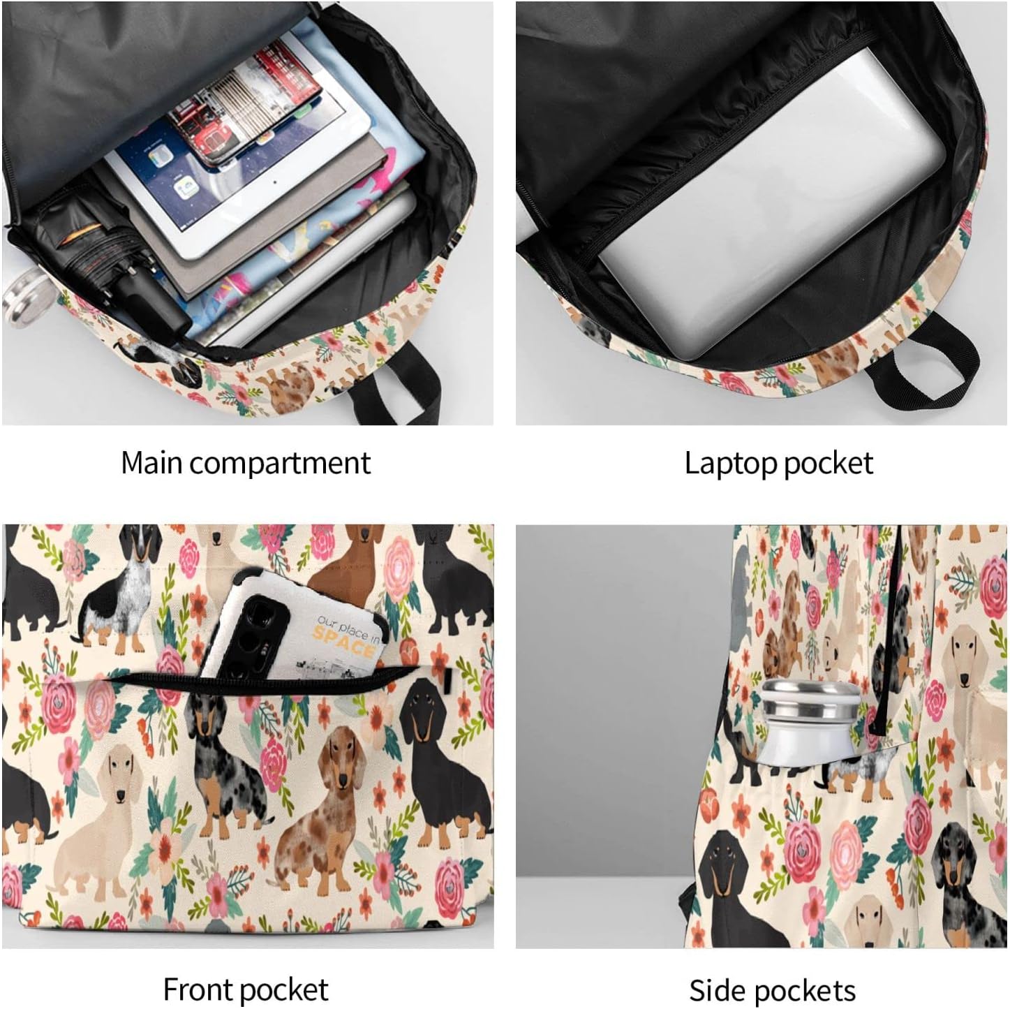 Schnauzer Dog Flower Backpack 16 Inches Lightweight Travel Laptop Backpack - Image 8