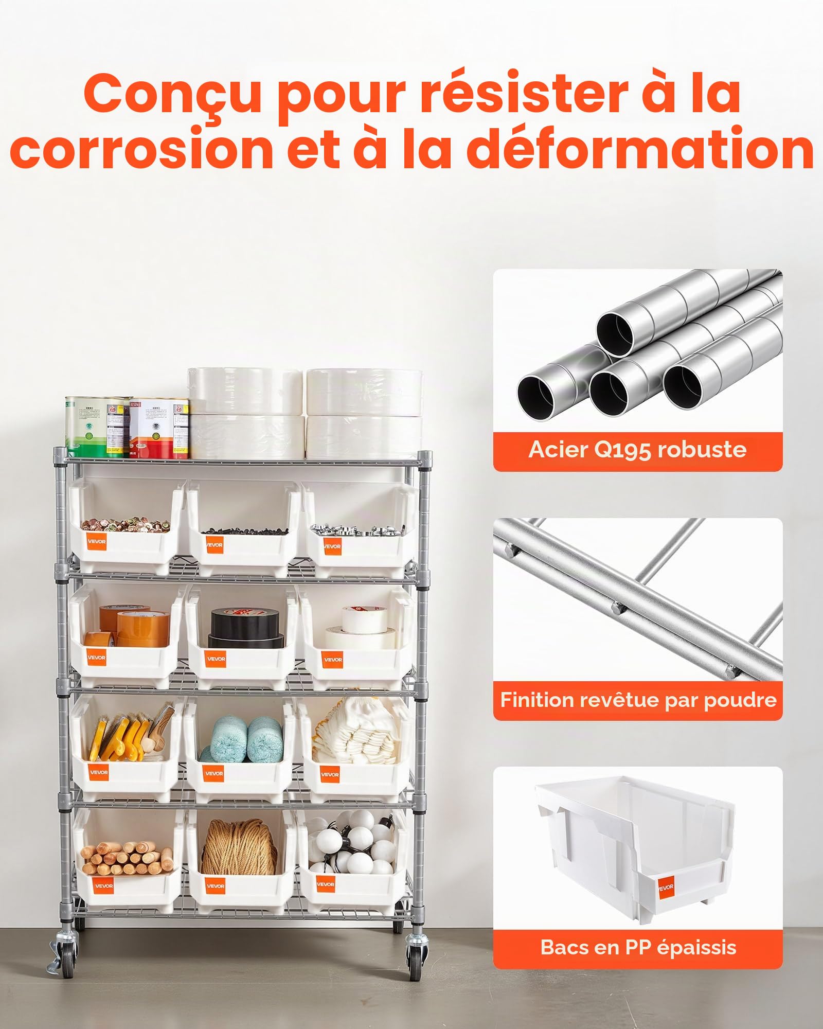 VEVOR Étagère de Rangement Mobile 5 Niveaux Rayonnage sur roulettes 12 Bacs pour Garage, Entrepôt, Bureau, Restaurant, Salle de Classe, Cuisine, en Fil d'acier, avec roulettes Pivotantes et 2 Freins