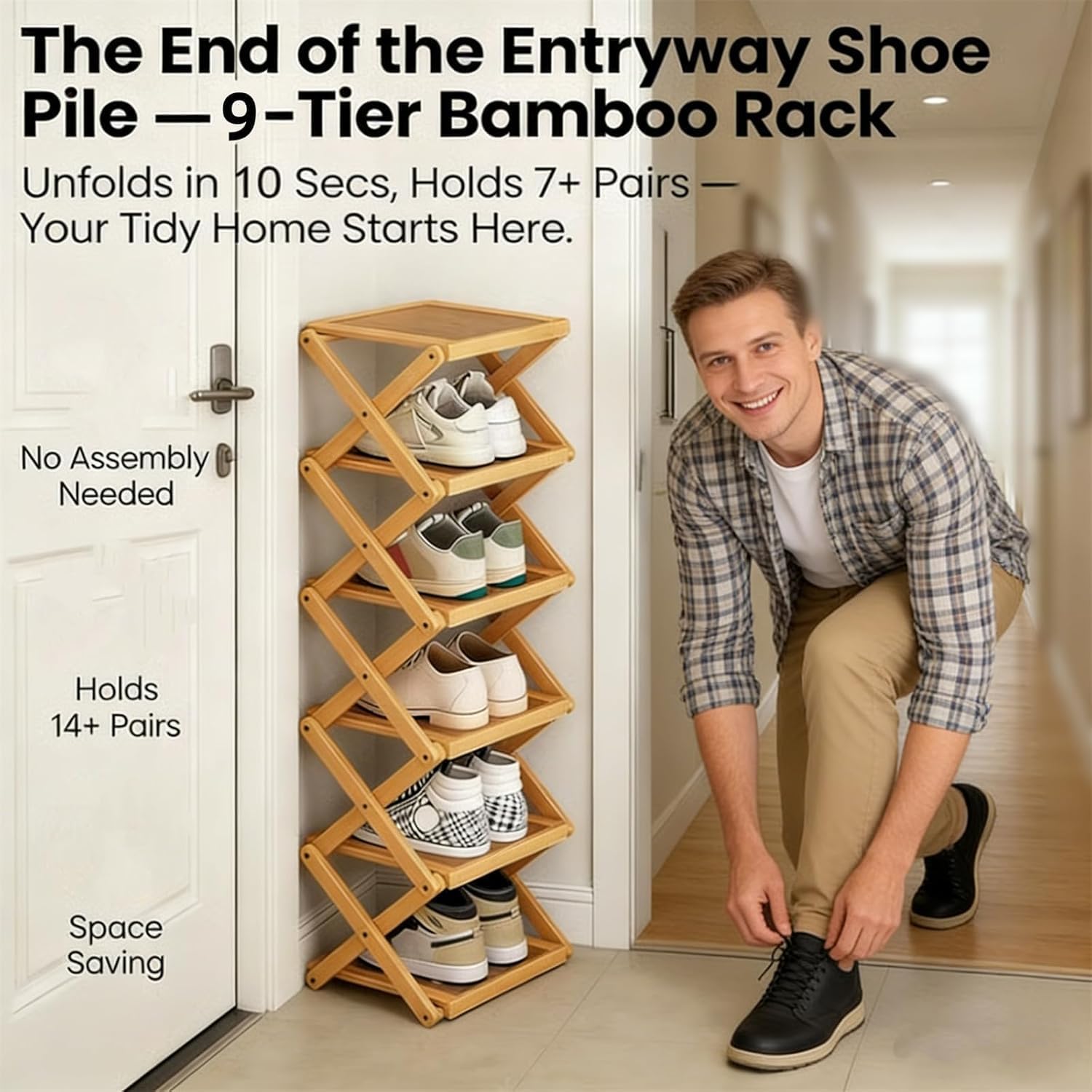 The 9-Tier No-Assembly Bamboo Rack, Foldable Shoe Rack, Collapsible Bamboo Vertical Shoe Organizer Tall for Entryway Closet Dorm (8 Floors)