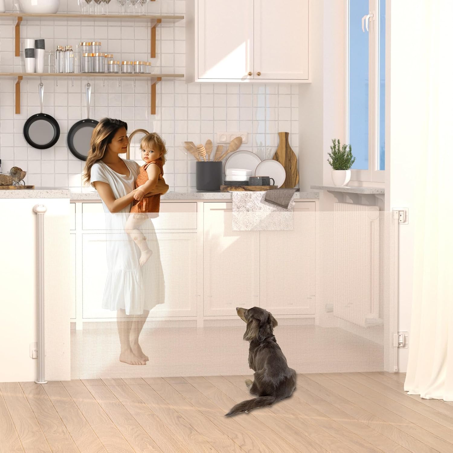 XJD Retractable Baby Gate, Extra Wide Baby Gate for Large Opening Stairs, Doorway, Hallways, Adjustable Extra Long Retractable Gate Pet Gates for Dogs Mesh Child Gate, Indoor, Outdoor (55-White)