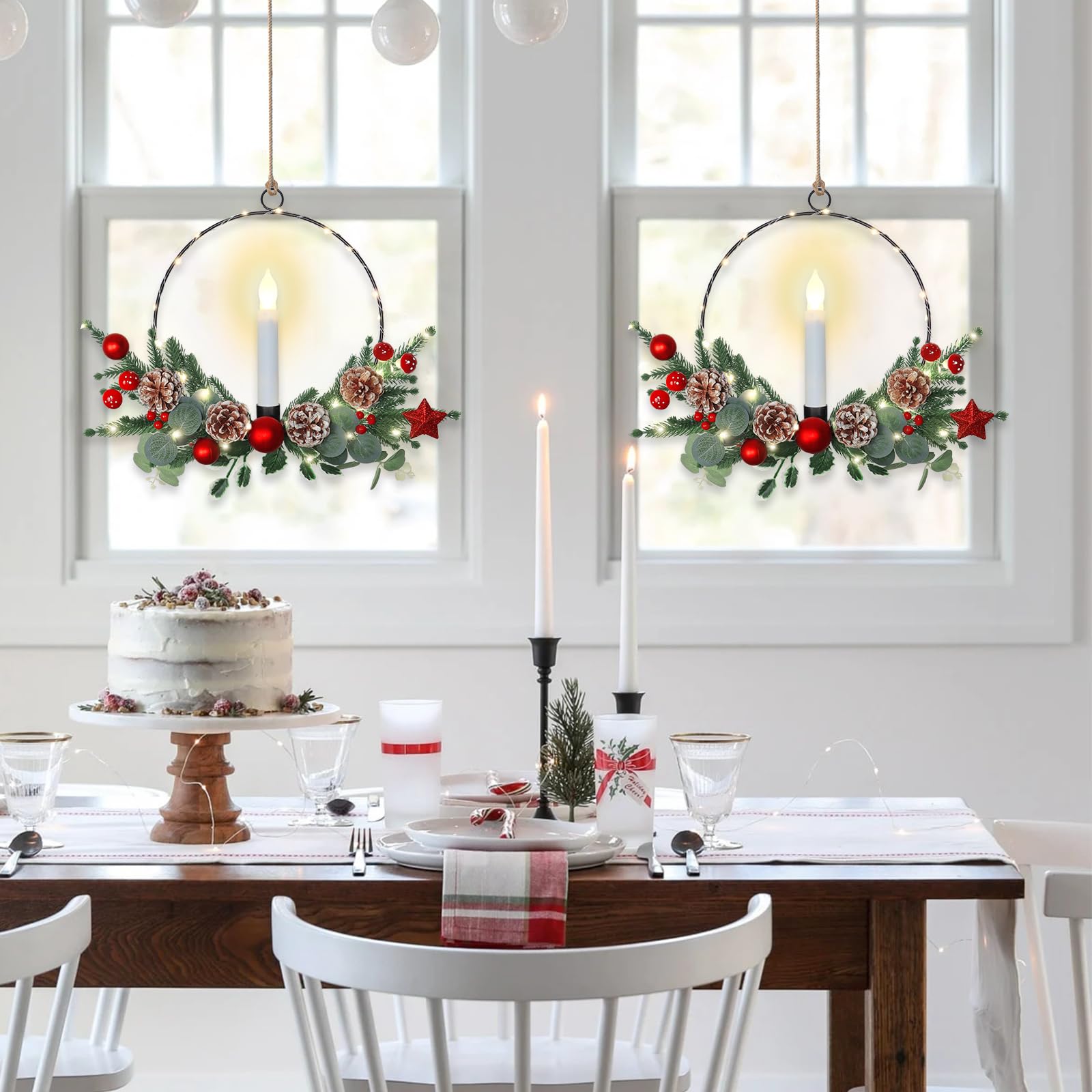 Weldomcor Paquete de 2 coronas de Navidad con luces LED cónicas de vela cónicas de piño, bayas, corona de aro de plantas artificiales, decoraciones de Navidad de invierno para puerta delantera