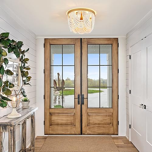 Miniatura 4 de MhyTogn Lámpara de techo semiempotrada estilo bohemio, con acabado de pintura de latón antiguo, con cuentas de madera blanca para cuarto del bebé,