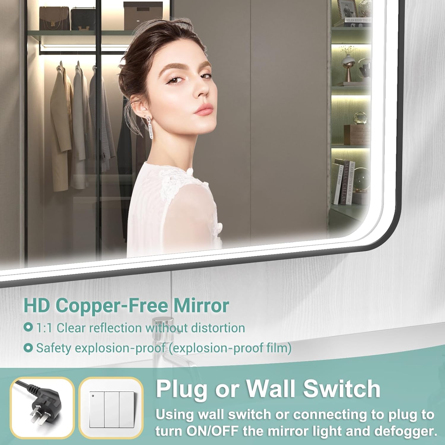 55x32 Inch LED Bathroom Mirror with Lights, Black Metal Framed LED Mirror for Bathroom, 3 Colors and Stepless Dimmable Wall Mounted Lighted Bathroom Vanity Mirror, Anti-Fog, Memory