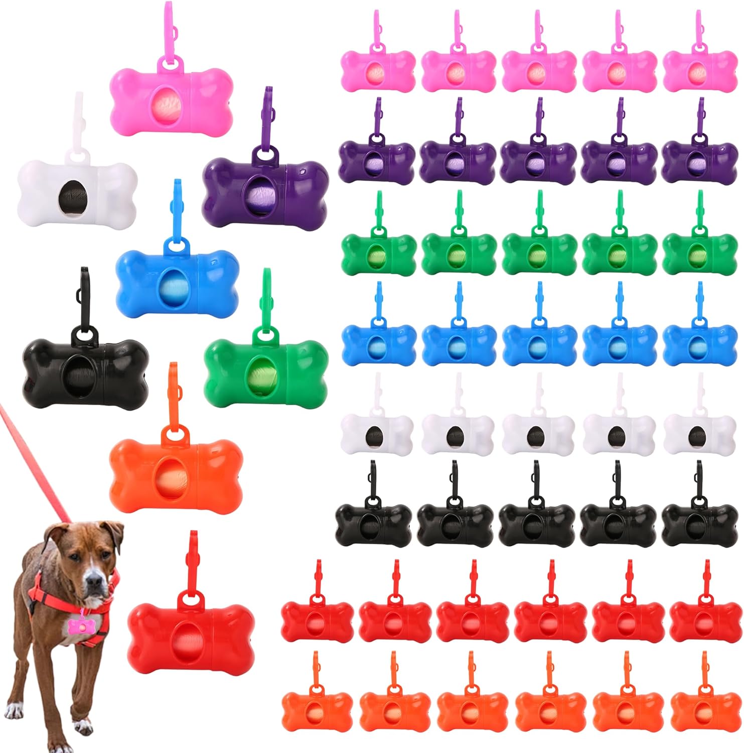 50 Pcs Dog Poop Trash Bag Holder Dispenser Plastic Dog Poop Waste Bag Holder for Leash with Hook and Leak Proof,with Leak Proof PET Waste Bags for Walking Hiking Camping (Bone Shape)