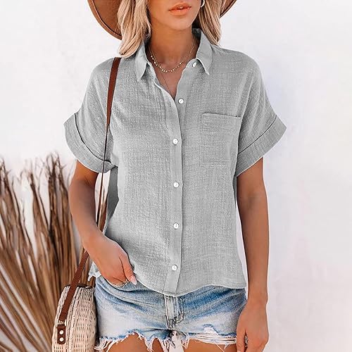 Miniatura 3 de SMIDOW Camisas de lino de algodón con botones para mujer, cuello en V, manga corta, enrollables, blusas de cuello holgado, blusas casuales de trabajo