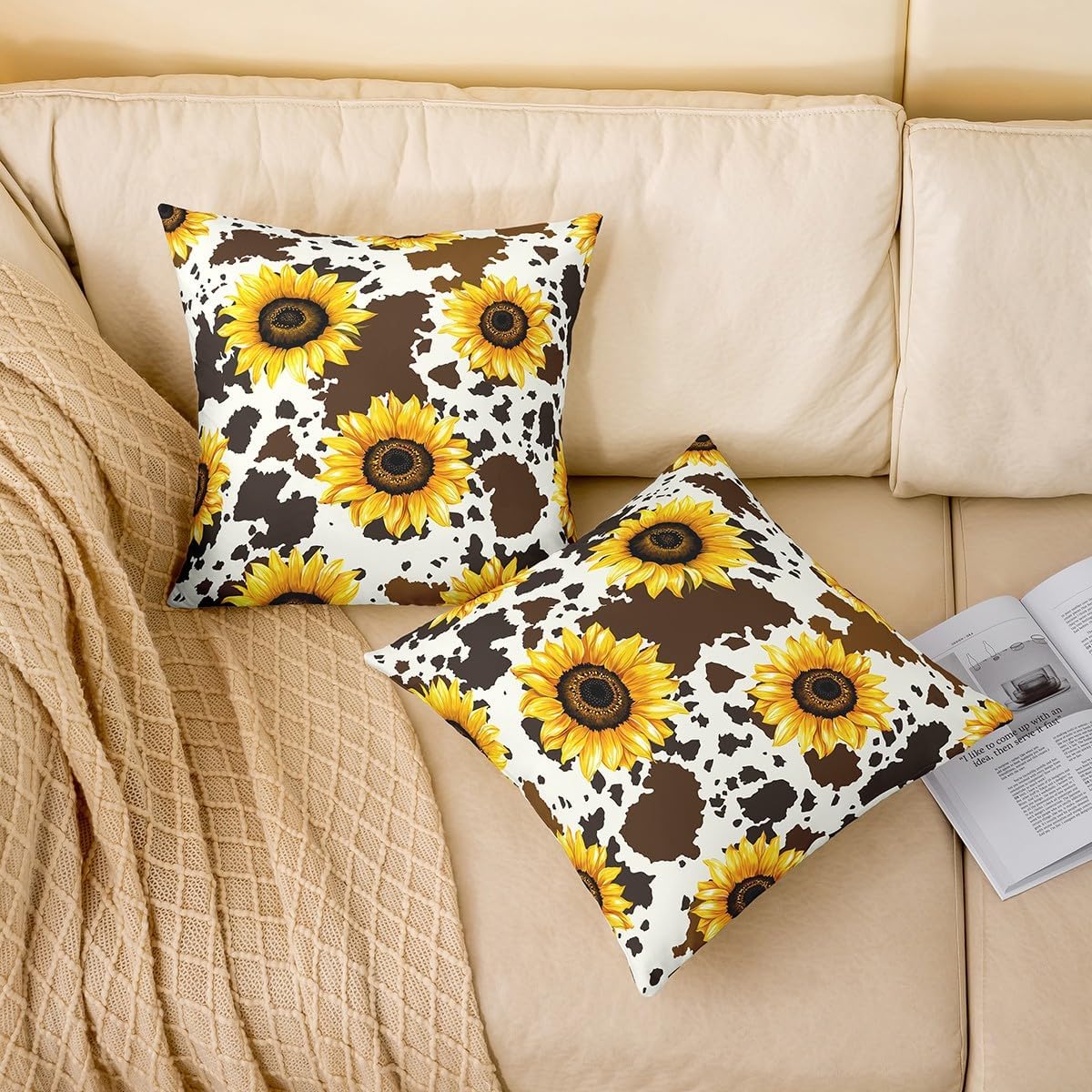 Sunflower Cow Throw Pillow Covers 24x24 Set Of 2 For Kids Girls Boys,Rustic Cowhide Brown Pillow Covers Yellow Floral Wildlife Farmhouse Cushion Covers,Abstract Milk Cow Decorative Pillow Covers