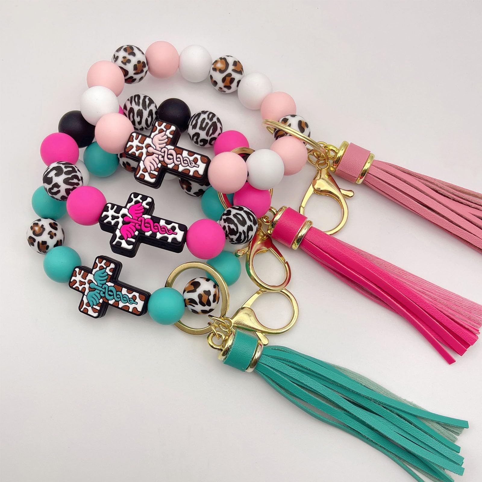 Portachiavi con perline da polso in silicone croce elastico da polso portachiavi nappa braccialetto portachiavi per auto braccialetto portachiavi donna