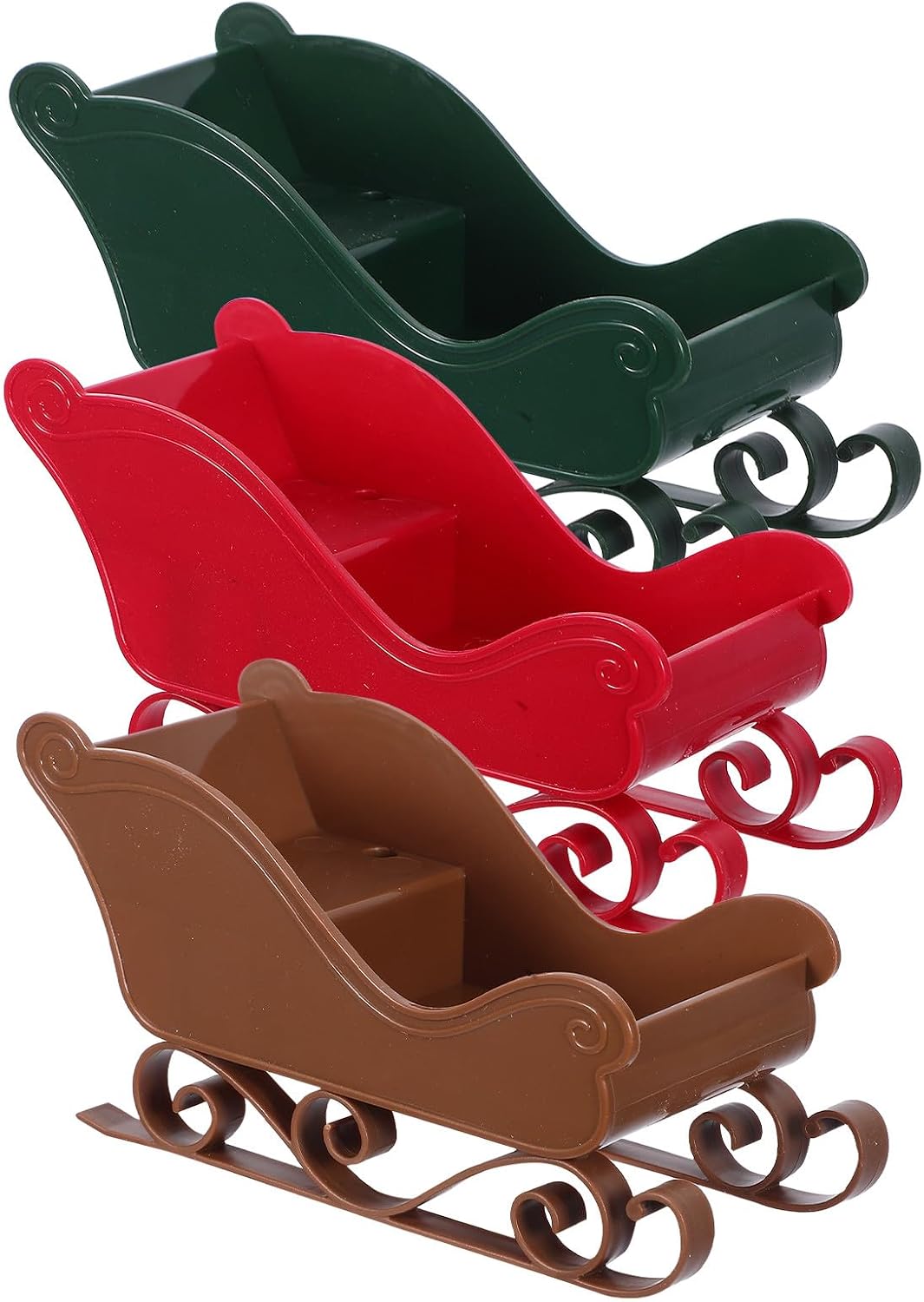 Veemoon Christmas Santa Sleigh Decor, 3pcs Santa Sleigh Ornaments Small Plastic Sled Table Figurines Xmas Tree Hanging DIY Craft Festival Home Accessories for Table Photo Props, Red+Green+Brown