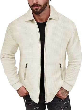 Mens Full Zip Cardigan Sweatshirt Lapel Neck Waffle Sweatshirt Solid Color Regular Fit Coat with Pockets