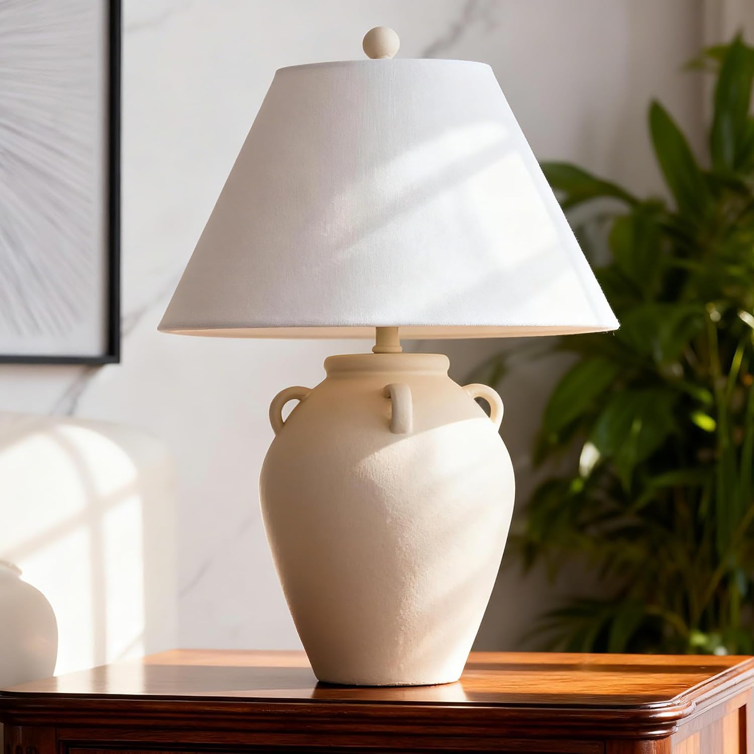 Maxax 25" Farmhouse Ceramic Table Lamp for Living Room, Cream White Bedside Lamp for Bedroow, 3 Way Dimmable Large Nightstand Lamp with White Shade for Living Room