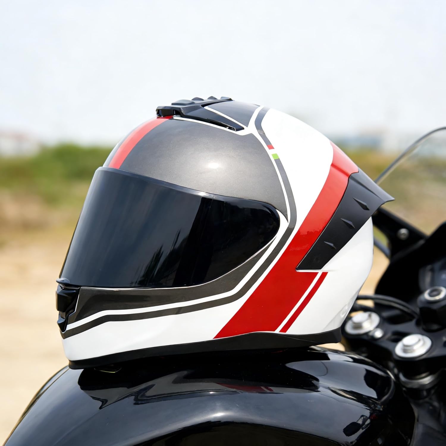 Full Face Motorcycle Helmet,Helmets for Adults Motorcycle, MG611 Motorbike Racing Street Bike Helmets with Black Visor for Men Women,DOT Approved (Glossy Red Gray Lines, L)