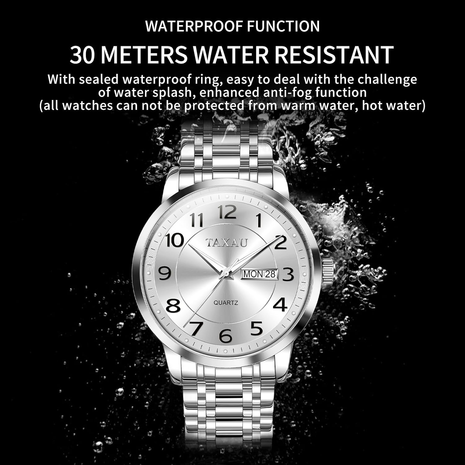 Men’s Dress Watches Waterproof Analog Quartz Watch with Day Date Stainless Steel Band Luxury Large Arabic Numerals Classic Luminous Hands Easy Read, Hidden Butterfly Clasp Relojes para Hombres - Image 3