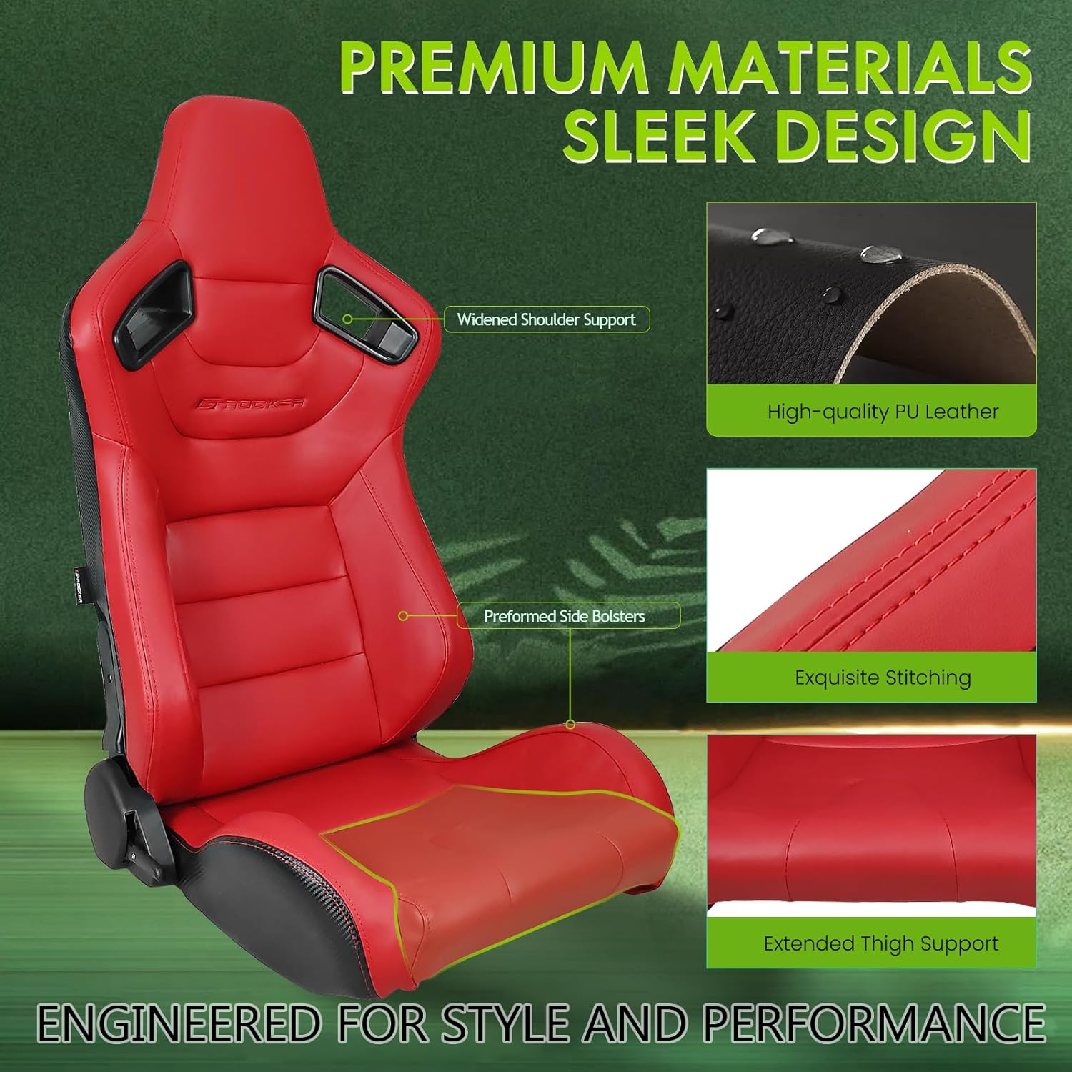 Universal Pairs of Racing Seat with Dual Sliders, PU Leather Front+Carbon Leather Back Reclinable Bucket Seat, Red w/LOGO