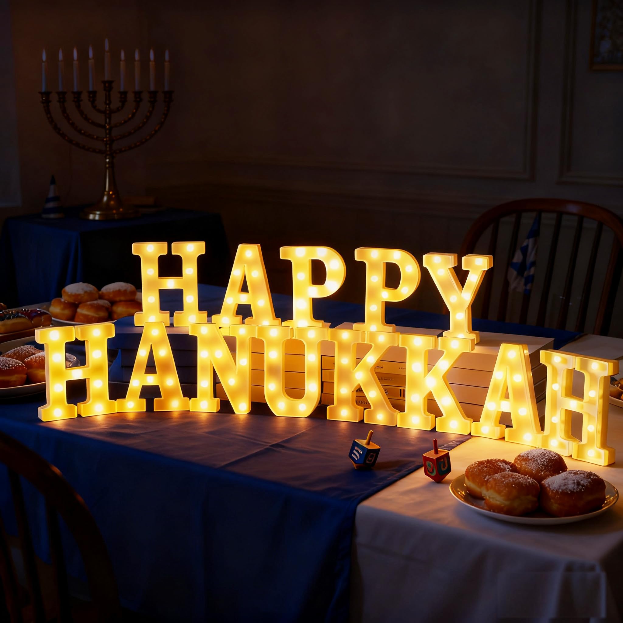 Aurelema 13 Pcs Hanukkah Decorations Happy Hanukkah LED Letter Lights Sign