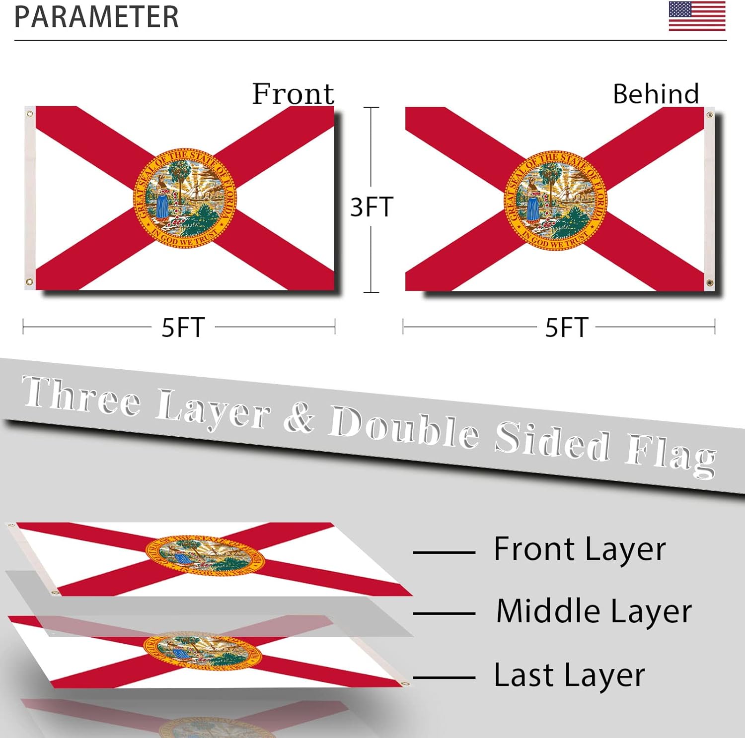 Florida State Flag 3x5 Outdoor Double Sided 3 Ply 240D Polyester Big State of Florida Flags Sewing 4 Rows of Thread with Durable Canvas Header and Brass Grommets