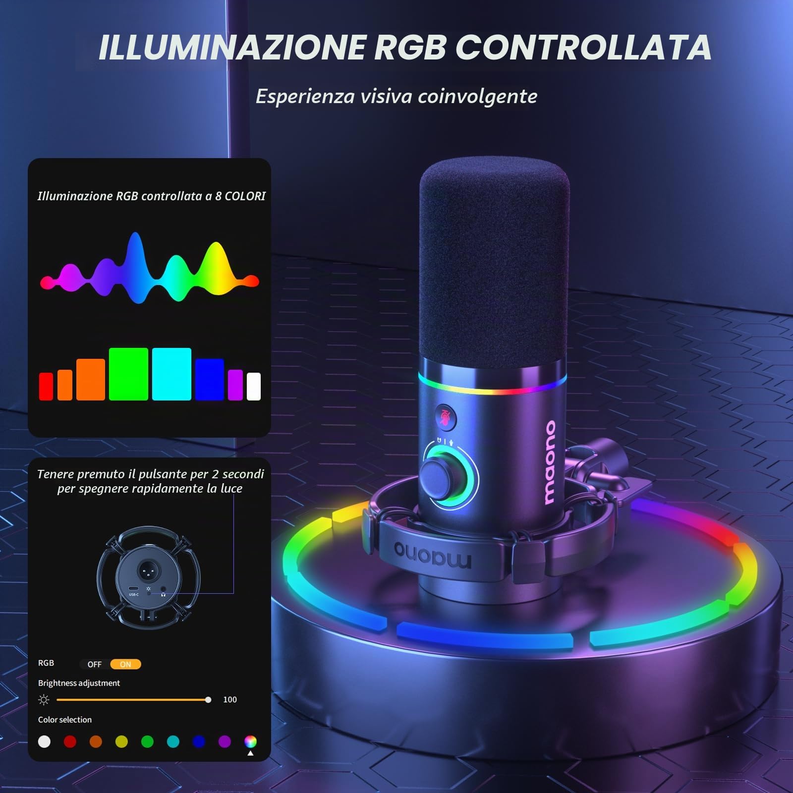 MAONO XLR/USB Microfono dinamico, microfono podcast con braccio, software, pulsante mute, controllo guadagno, per pc gaming, streaming, registrazione, PS4/5 Mac Mixer ecc. PD200XS Nero