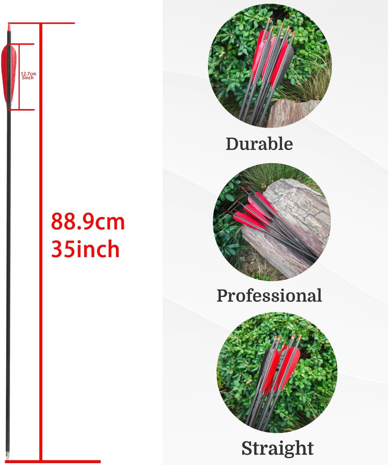 12pcs 35 Inch Archery Carbon Arrows Practice Arrows with 5” Natural Feather Target Practice Arrows Spine 500 for Compound & Recurve &Traditional Bow
