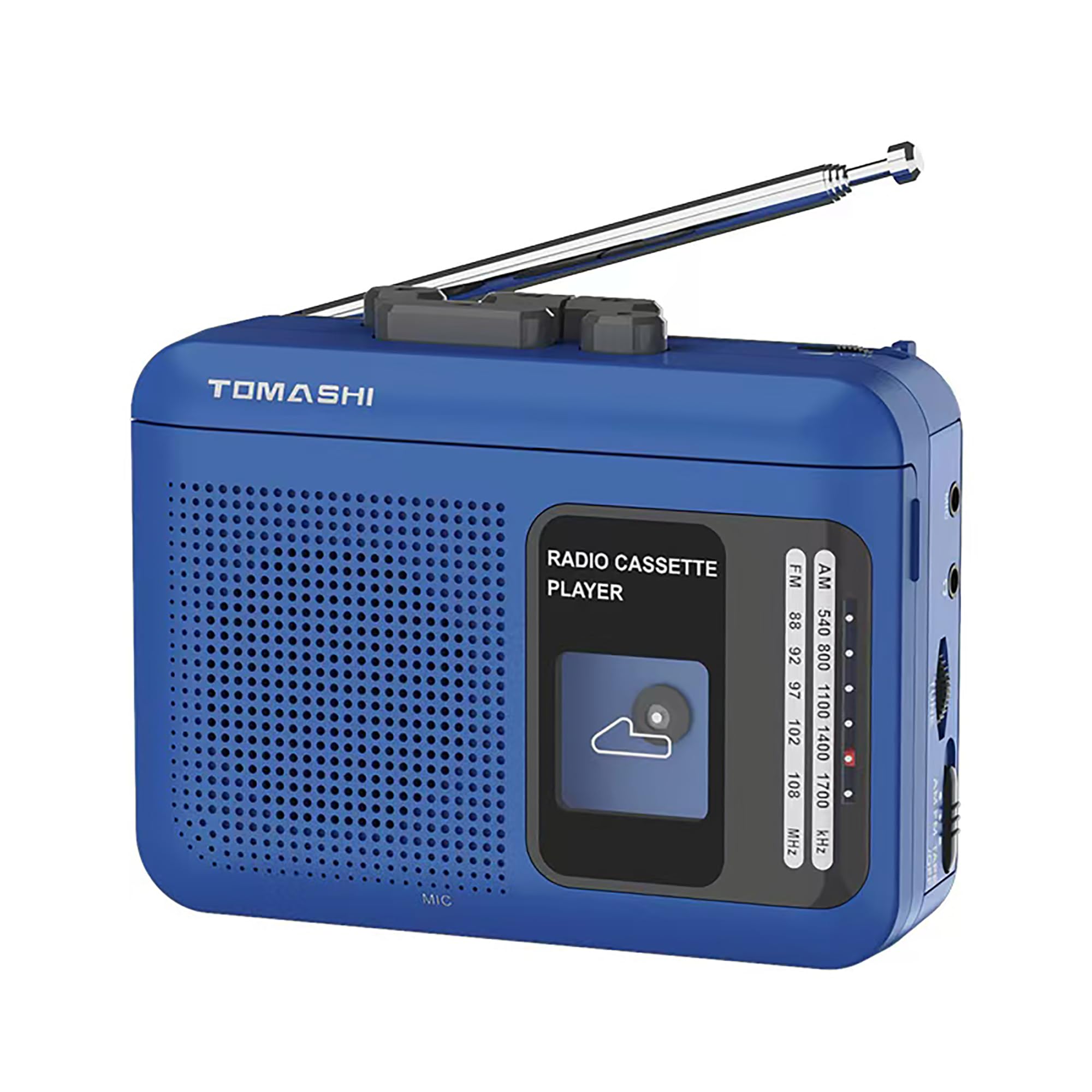 TOMASHI Portable AM/FM Radio Cassette Player - Tape-to-USB Recording, 200mW Speaker, Battery or USB Powered, 3.5mm Jack, Compact Retro Design (Blue, 4.7×3.4in)