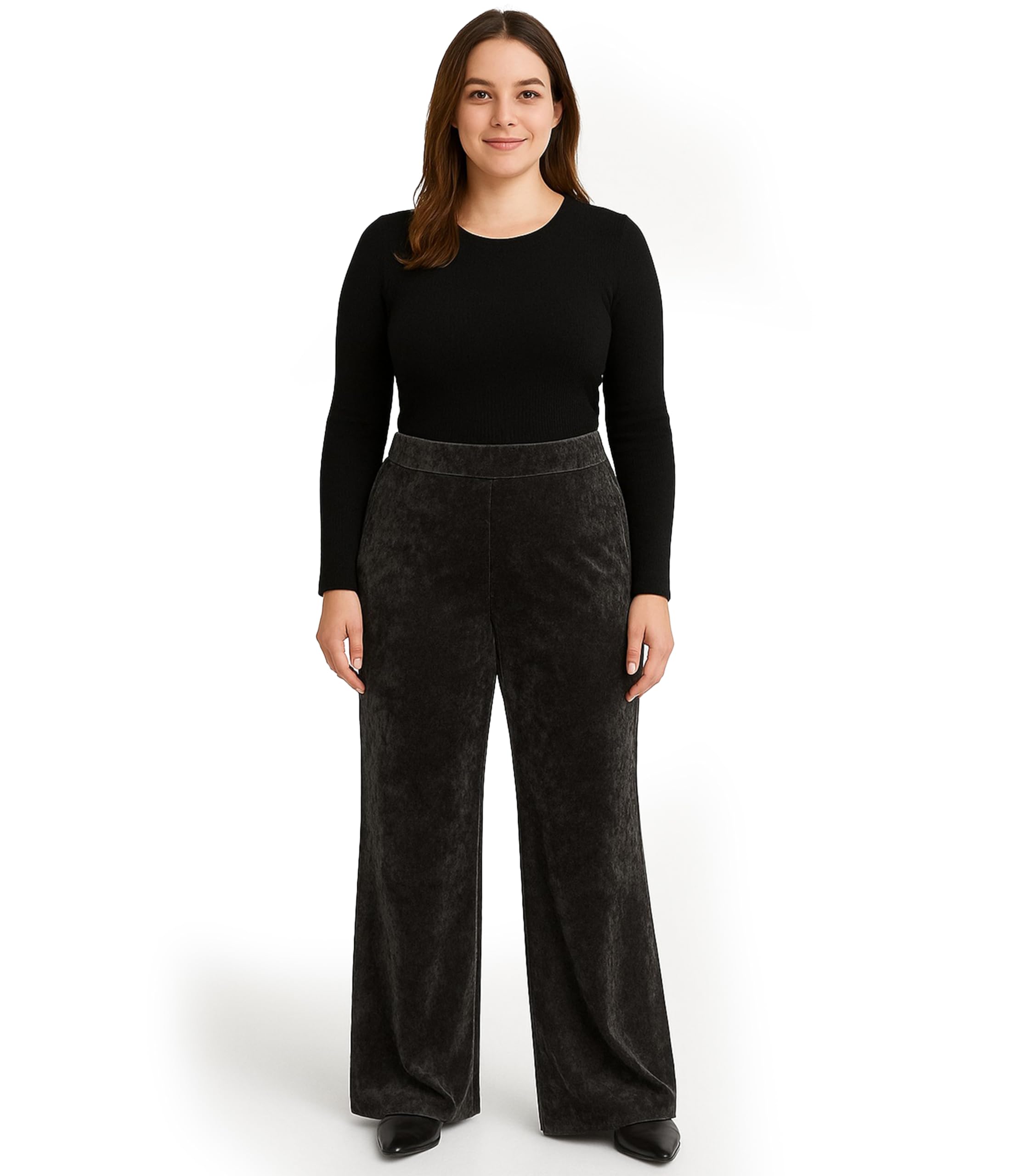 Ploutos World Wide Women's Charcoal Plus Size Velour Velvet Wide Flared Leg Pocket Elasticated Waist Pants Palazzo Trousers (16-18, )