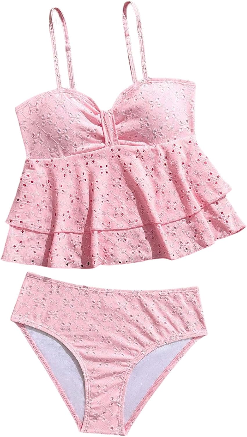 SHENHE Girl's Ruffle Tankini Swimsuits 2 Piece Spaghetti Strap Layered Eyelet Bathing Suits