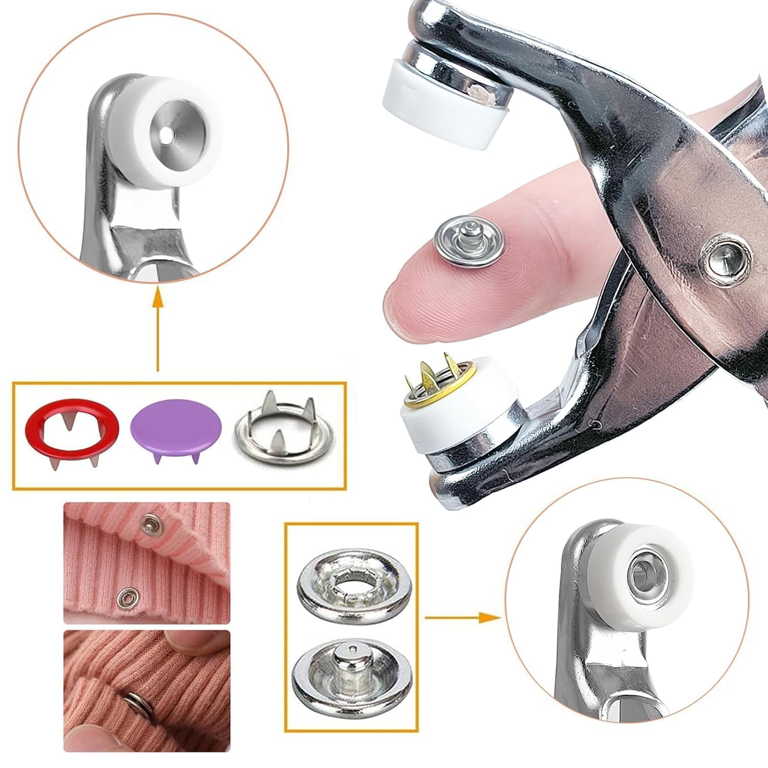 KD ZONE Metal Snap Button Fasteners Kit – 100 Sets (400 PCS, 9.5mm) with Press Pliers Tool – Silver Snaps for Sewing, DIY Crafts, Clothes, Hats, Bags – Easy to Use Snap Kit for Handmade Projects and Repairs