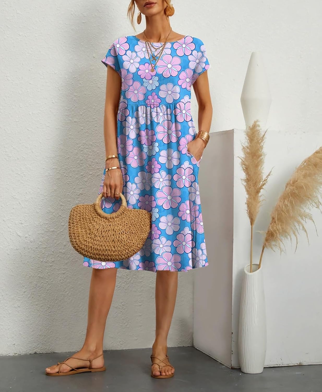 HOTYD Womens Boho Floral Print Mini Dress Plus Size Short Sleeve Summer Sundress Casual Beach Sun Dresses with Pockets - Image 2