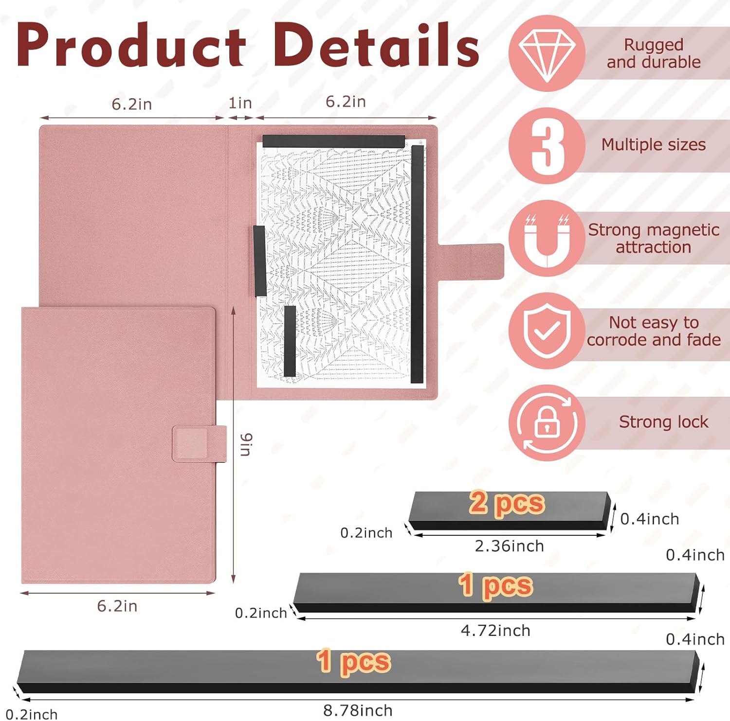 Flutesan 1 Pcs Pink Knitting Pattern Holder, Fold up Cross Stitch Knitting Chart Keeper with 4 Pcs Replacement Magnets, Cross Stitch Accessories Supplies, Unfolded Size 13.2 x 9 Inch