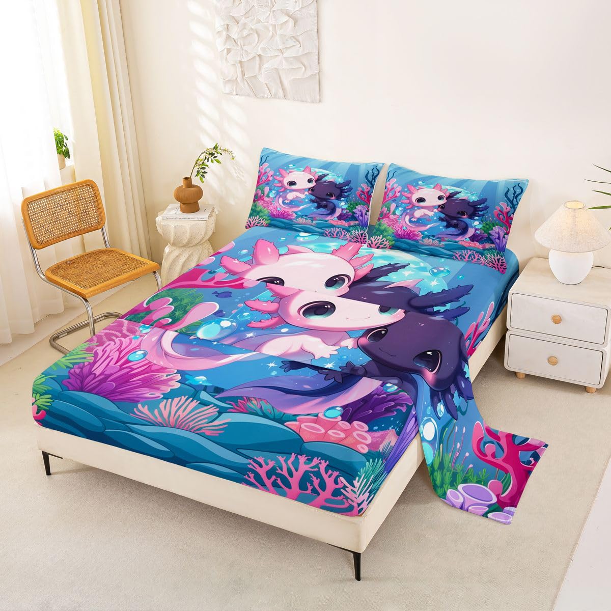 Loussiesd Lindo juego de sábanas de ajolote tamaño doble para niños y niñas, juego de ropa de cama de dibujos animados de salamandra, juego de sábanas de animales oceánicos con bolsillos profundos de
