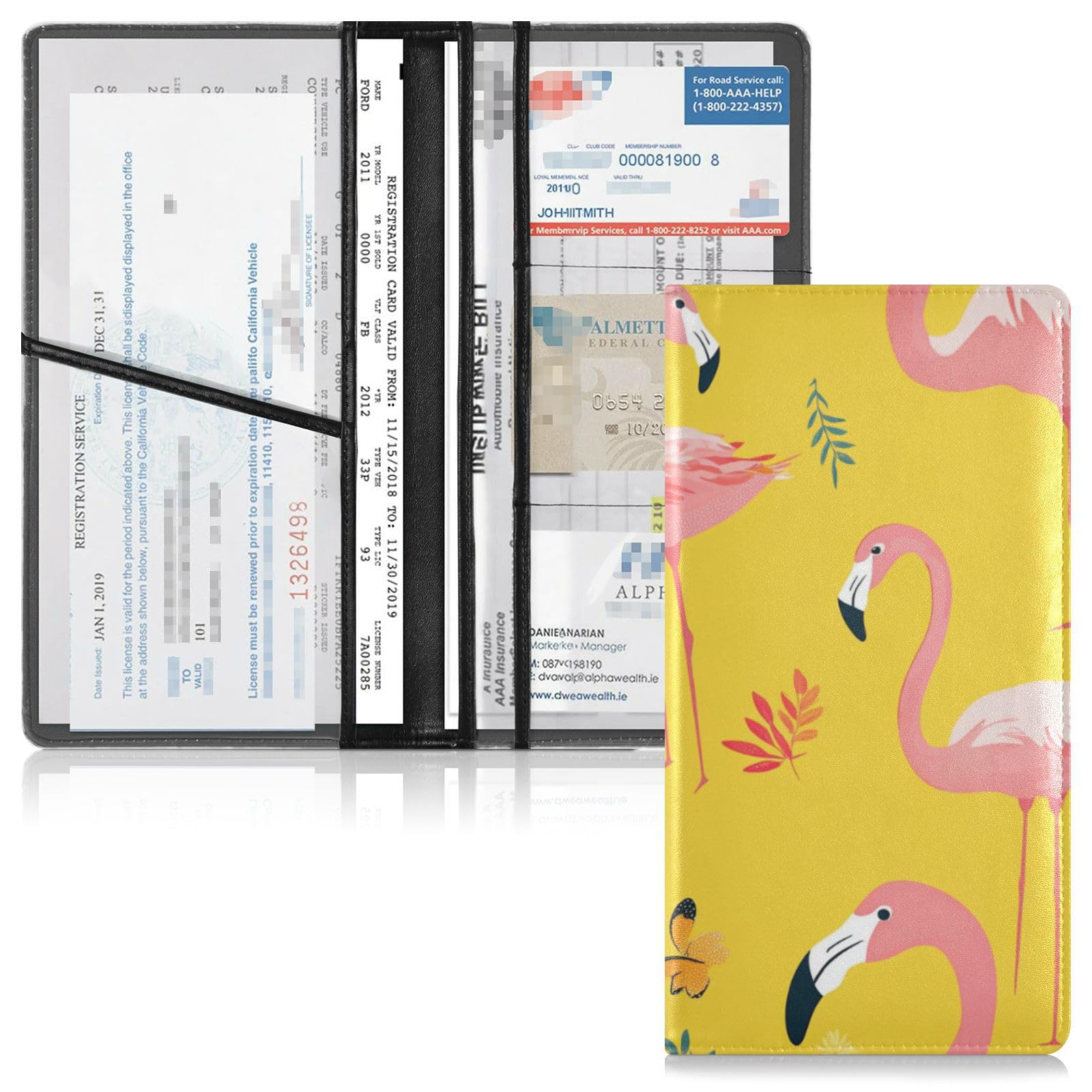 Premium Leather Auto Registration Insurance & ID Card Holder Men Women Essential Car Wallet Case for Cards, Essential Document, Driver License Vehicle Paperwork Sweet Flamingo