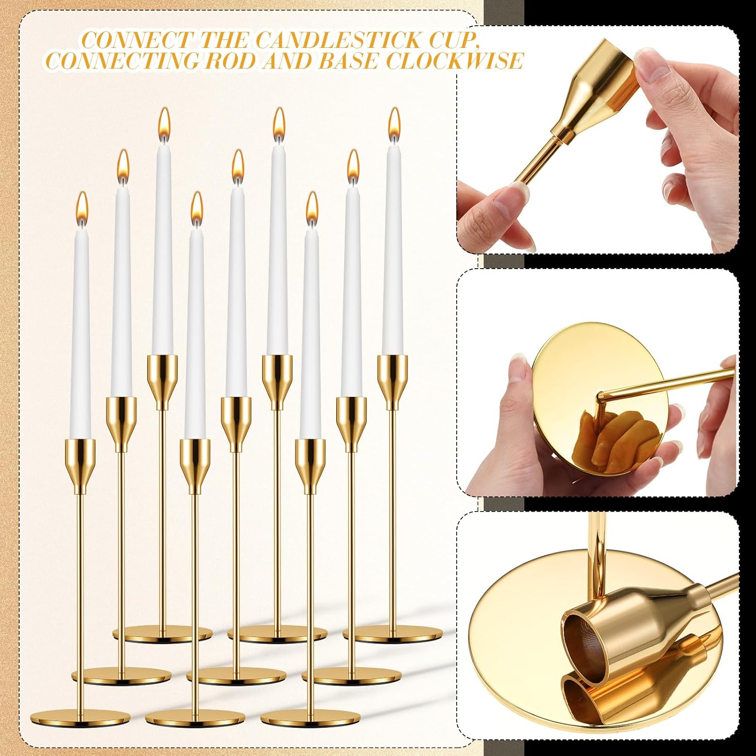 Inbagi 24 Sets Gold Candlestick Holders Bulk for Taper Candles Metal Tall Pillar Candle Stands for Table Centerpiece Wedding Christmas Home Party Decor, Fit 0.79 in Thick Candle