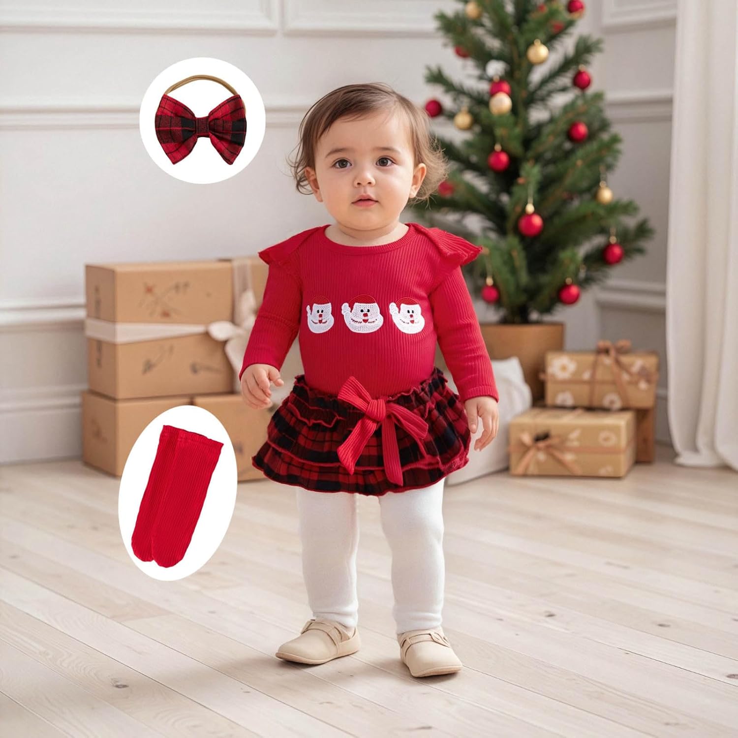 My First Baby Girl Christmas Outfit Long Sleeve Romper Plaid Skirt Shorts Headband Sets Newborn Christmas Clothes - Image 4