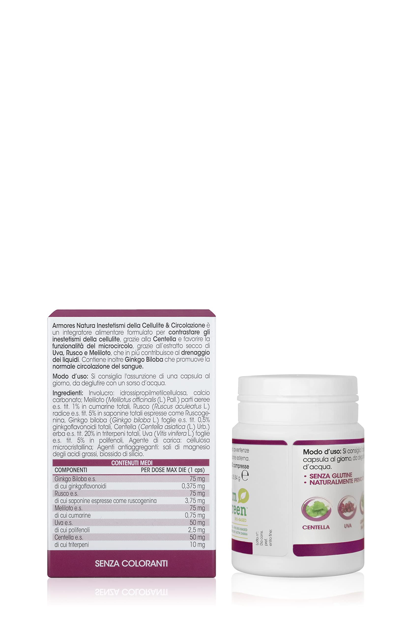 Armores Natura Integratori Alimentari, Inestetismi della Cellulite & Circolazione, Aiuta il Microcircolo, Anticellulite, a Base di Ginkgo Biloba, Uva e Centella, Vegano, Astuccio 30 Capsule