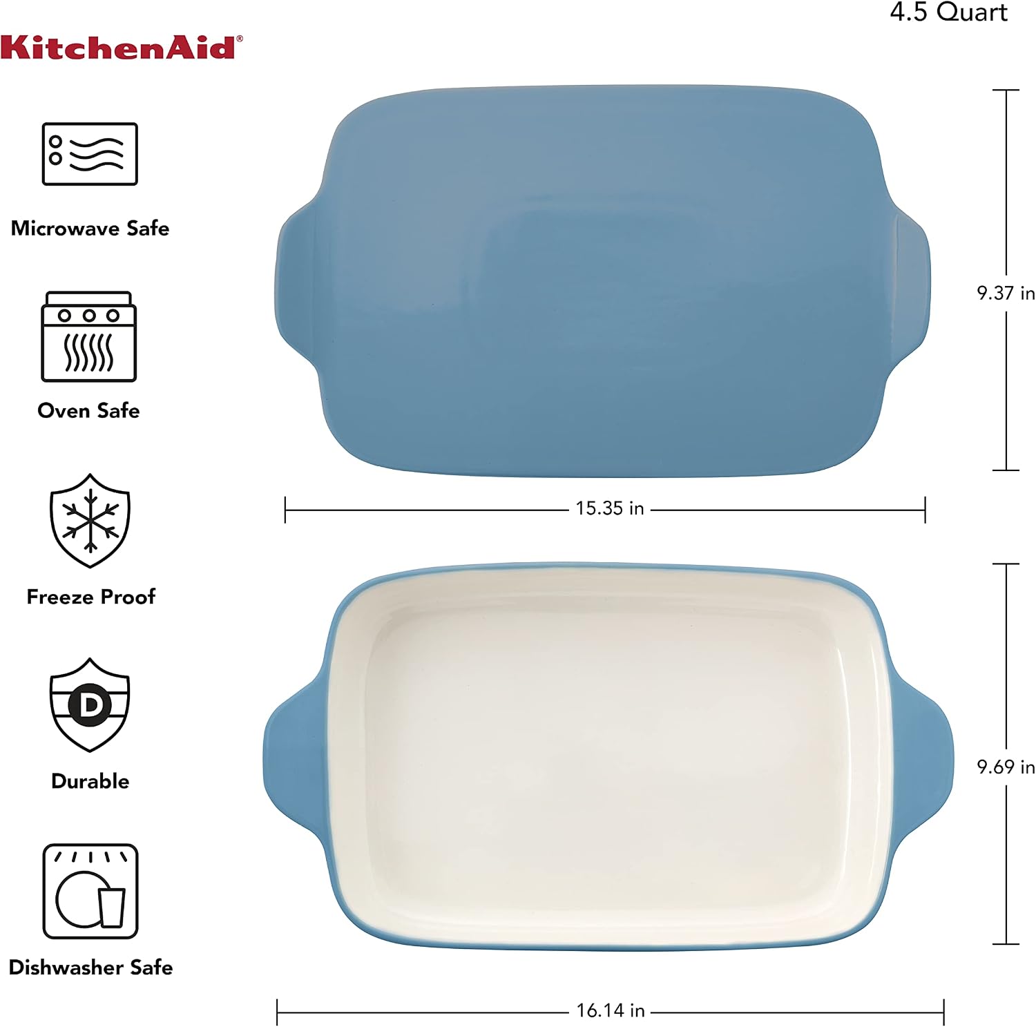 KitchenAid Rectangular Baker with Lid Vitrified Stoneware, 9in 13in 2.5in, Blue Velvet