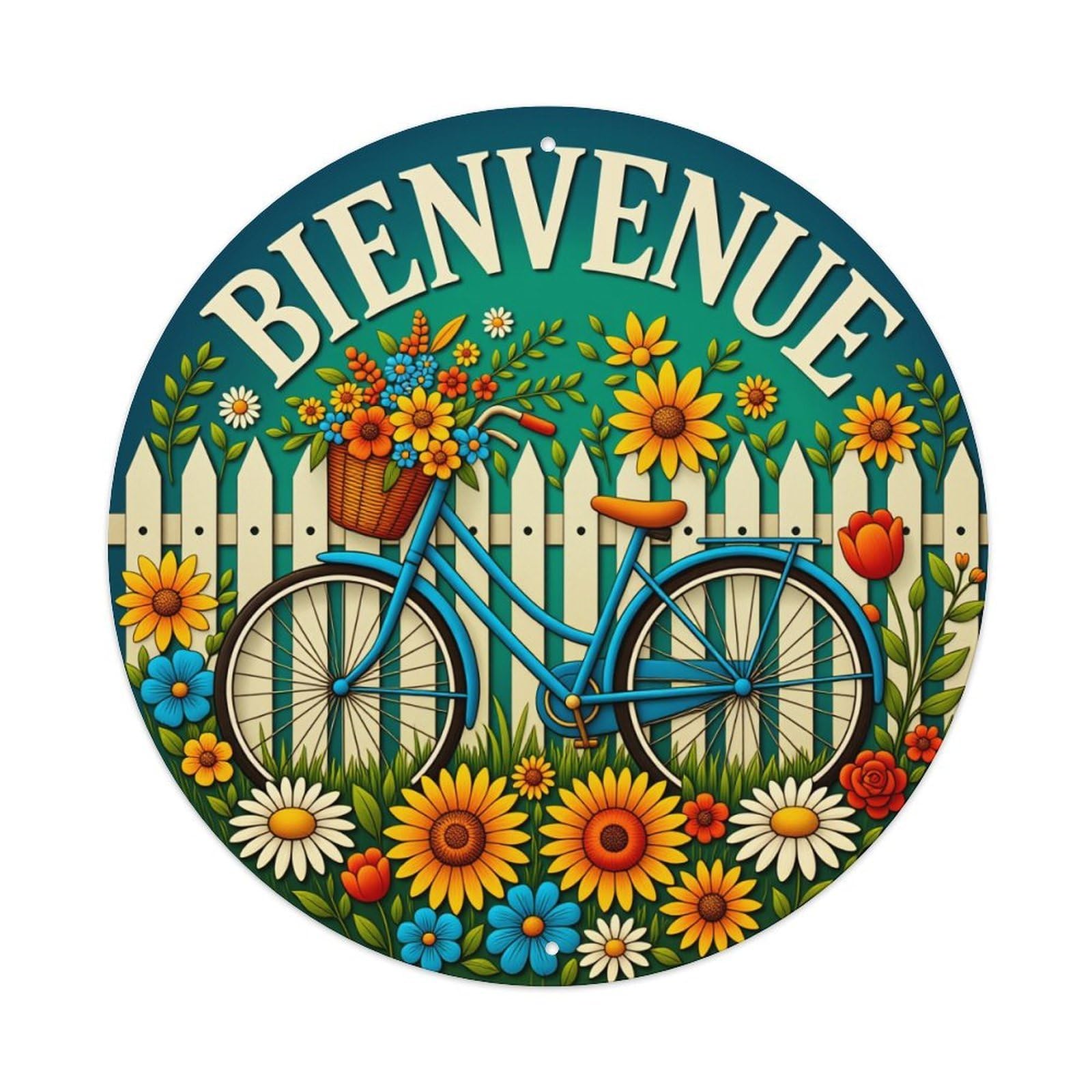 Bicycle Garden Flowers Fence Welcome Round Tin Sign Vintage Style Metal Sign Home Bar Garden Wall Plaque Decor Metal Poster 8x8 Inch