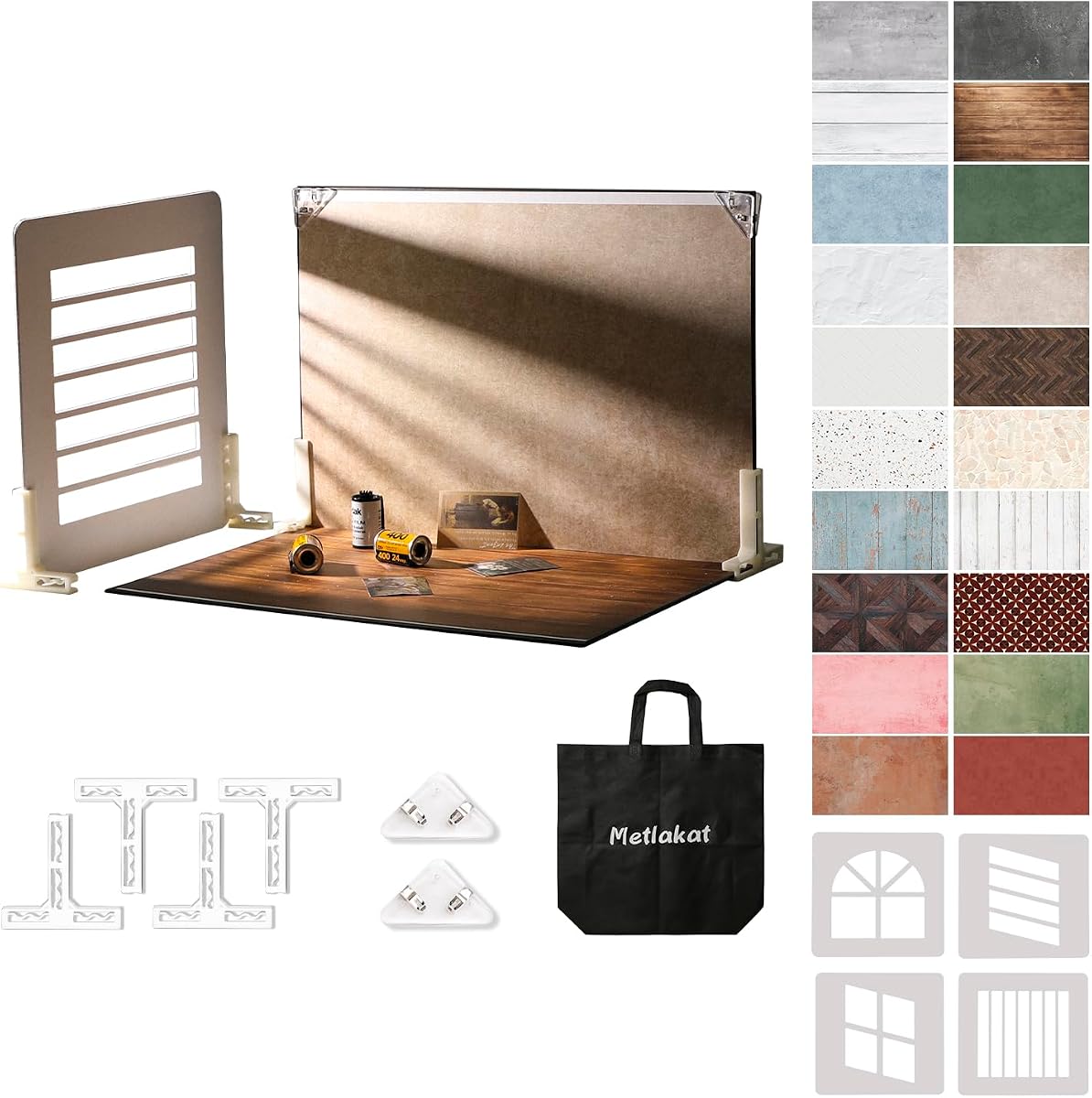 Kit de fondo para fotografía de productos y alimentos, 10 hojas, 20 patrones | 4 tableros de sombra, papel mate impermeable de doble cara, soportes en T, abrazaderas y bolsa de transporte para joyas, cosméticos y sesiones UGC