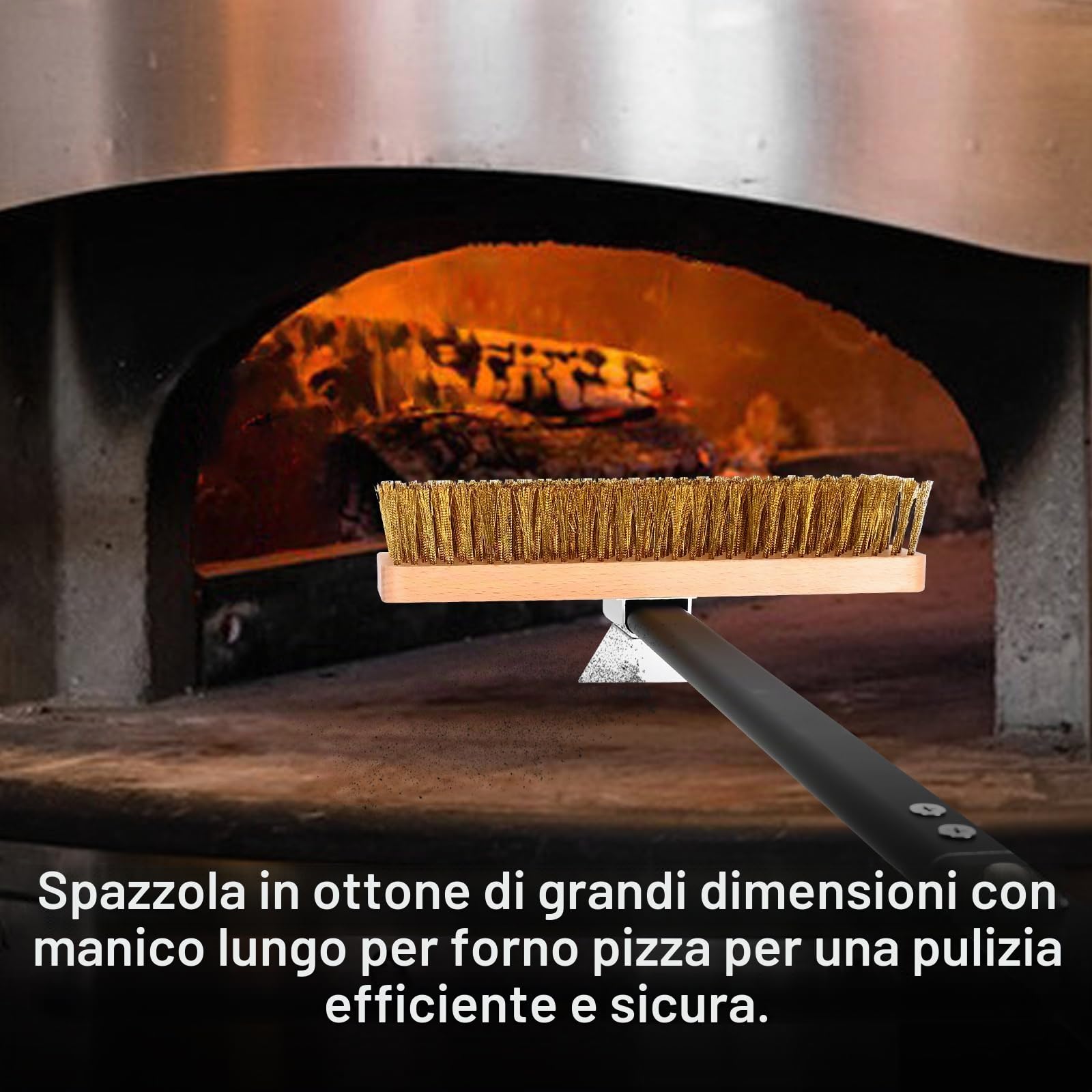 Spazzola grande per forno per pizza con raschietto, spazzola per griglia con setole in ottone larghezza 27 cm con manico lungo 94 cm o 134 cm, Accessori per il forno da giardino
