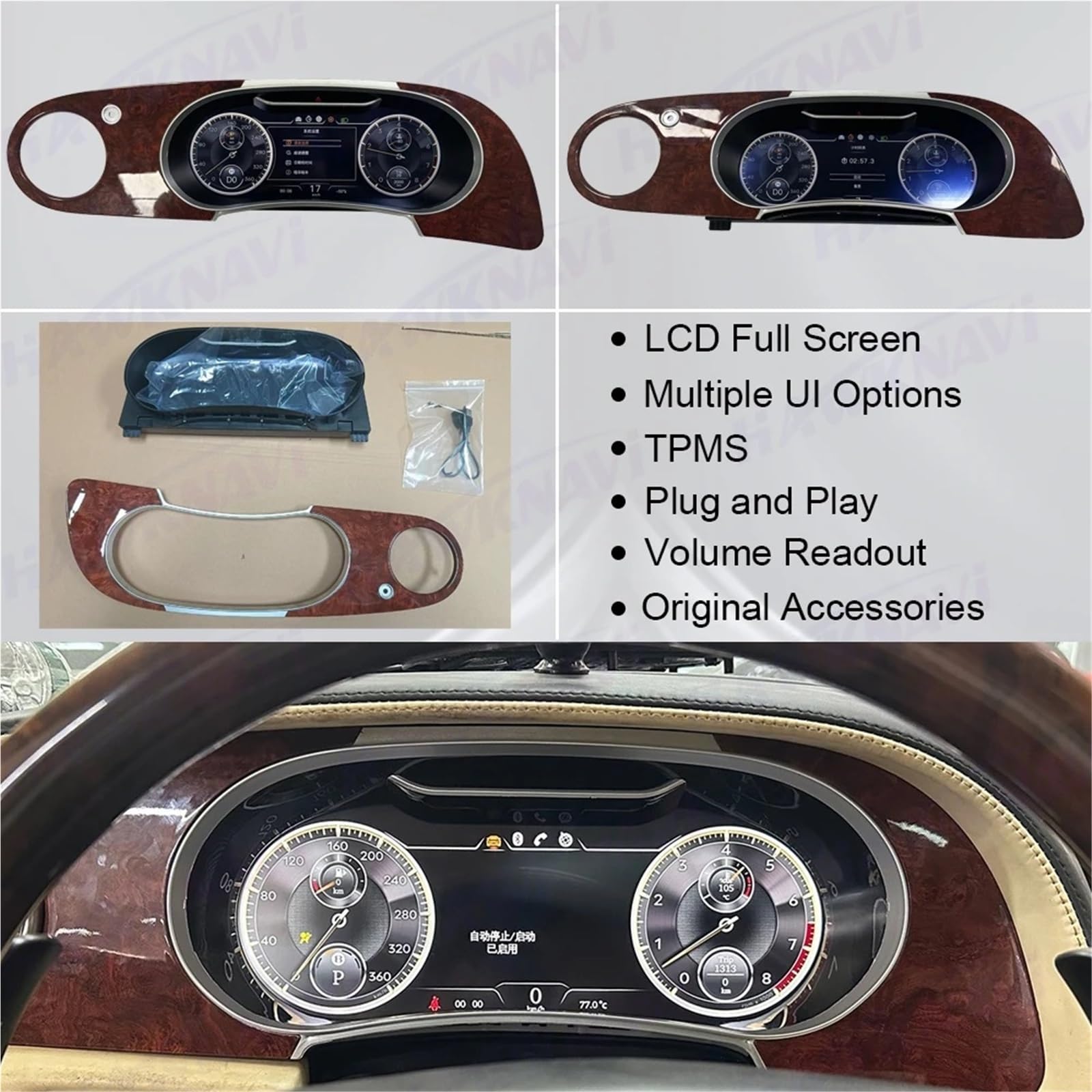 salpicadero del coche Panel de instrumentos digital LCD 12,3" compatible con Bentley Flying Spur Continental GT (2005-2019) Tacómetro