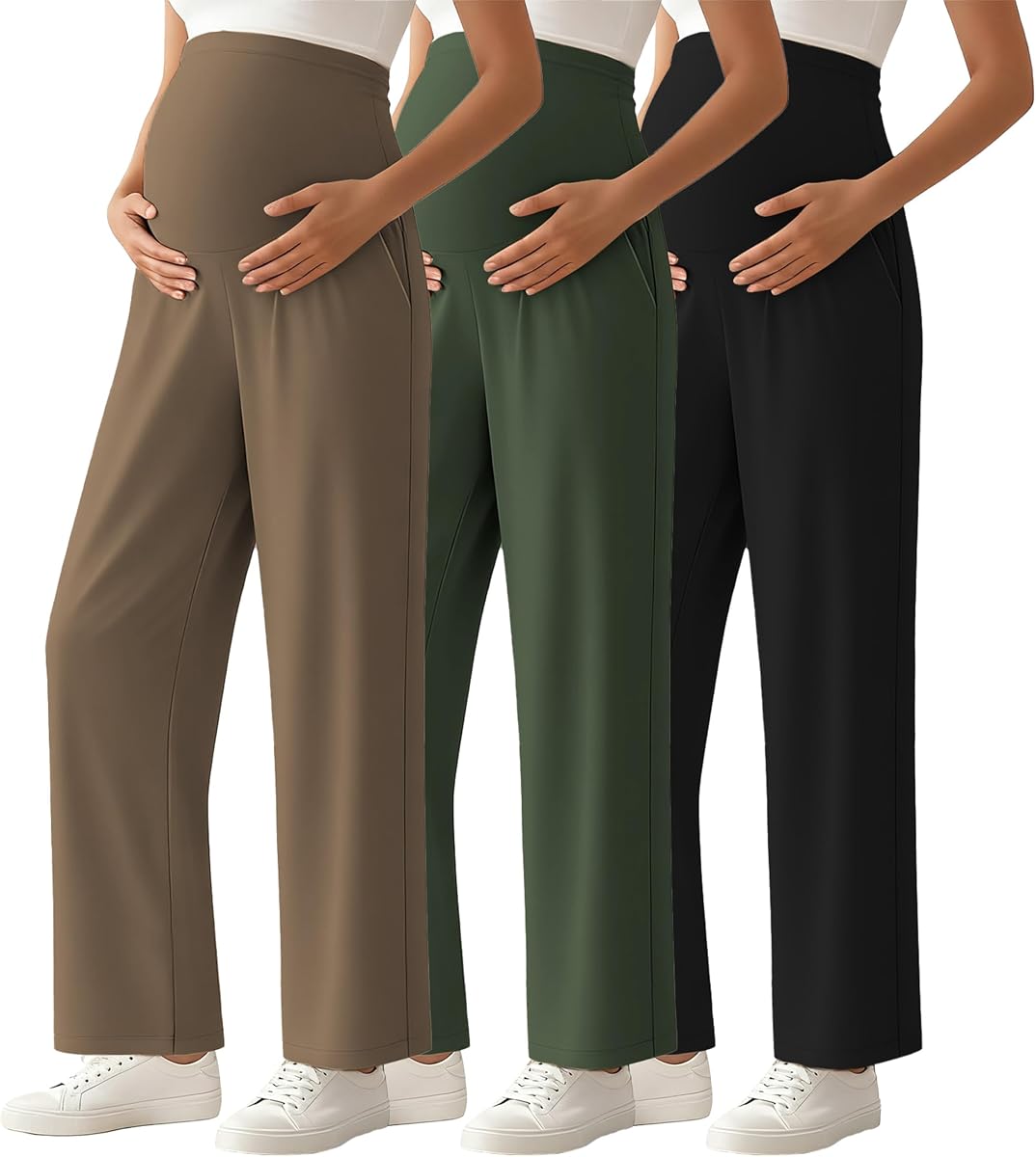 Ecavus 3-Pack Women's Maternity Pants Over Belly Pregnancy Pants for Work | Soft breathable fabric,lounge palazzo pants,pregnancy trousers with pockets,supportive and effortlessly,work,casual