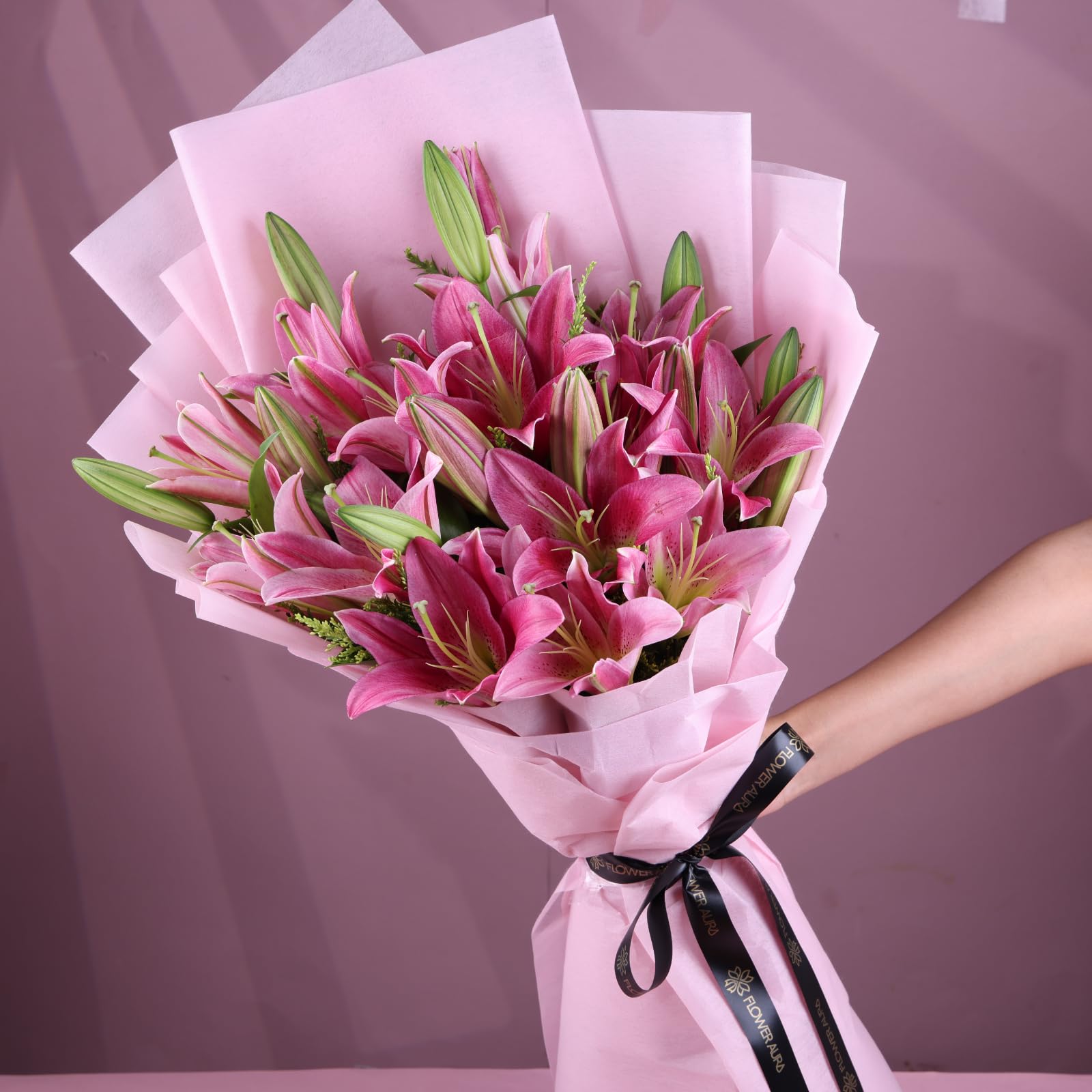 FlowerAura Premium Fresh Live Flower Bouquet of 10 Pink Lilies In Pink Paper For Birthday Gift, Anniversary Gift, Wedding Gift, Rose Day Gift, Valentine's Day Gift, New Year Gift (Same Day Delivery)-image-28