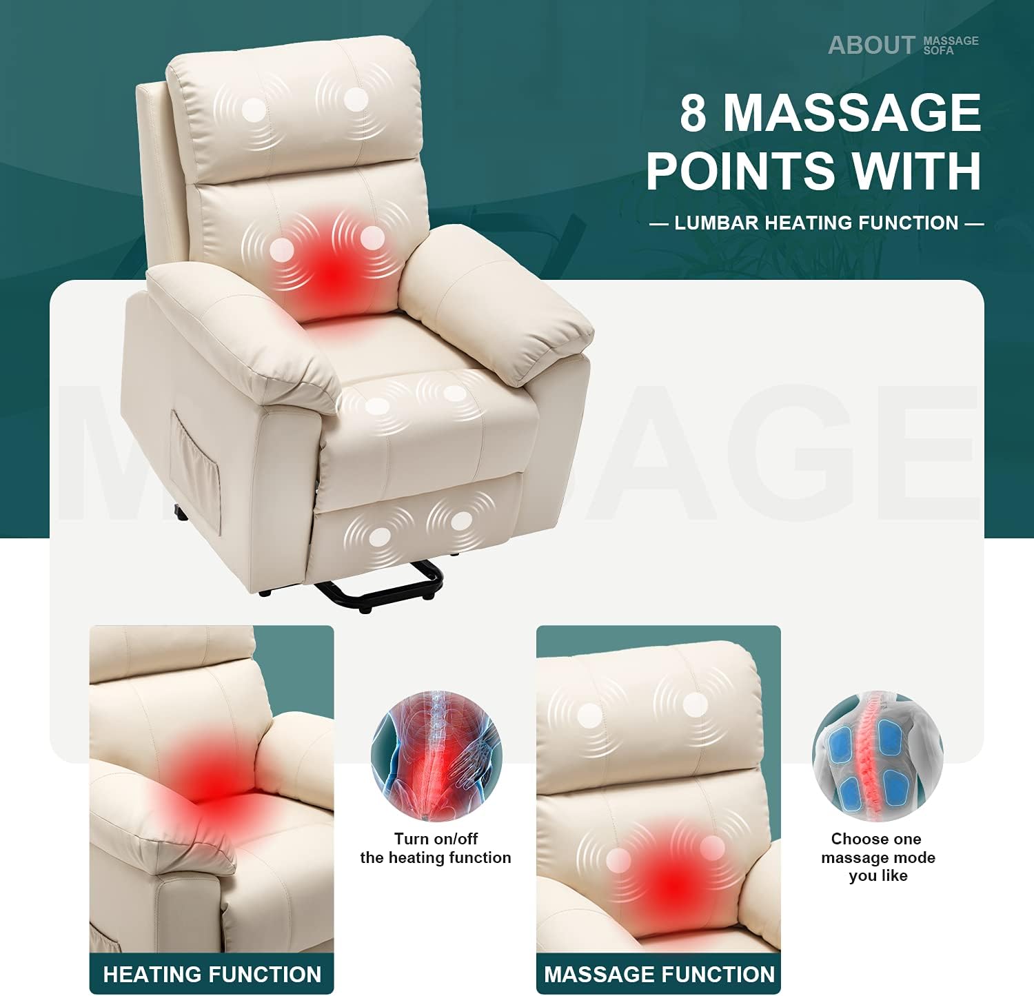 EROMMY Power Lift Recliner Chair for Elderly, Fabric Home Massage Sofa Chairs with Massage and Heat, Wireless Remote Control, Side Pocket, PU Camel : Beauty & Personal Care